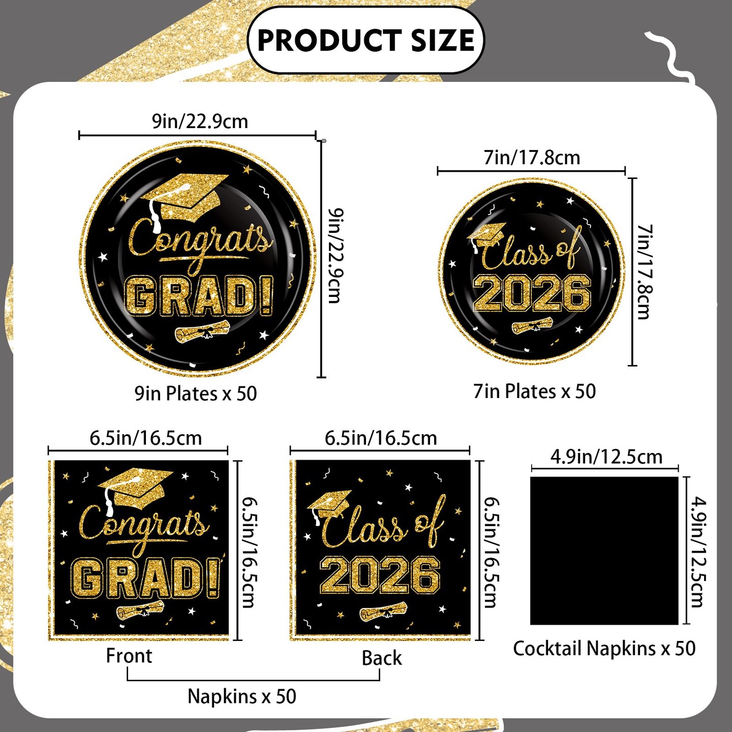 2026 Graduation Party Supplies Tableware Set - 200 Pcs Black Gold Graduation Plates and Napkins Class of 2026 Disposable Dinnerware for College High School Congrats Graduation Party favors, Serve 50