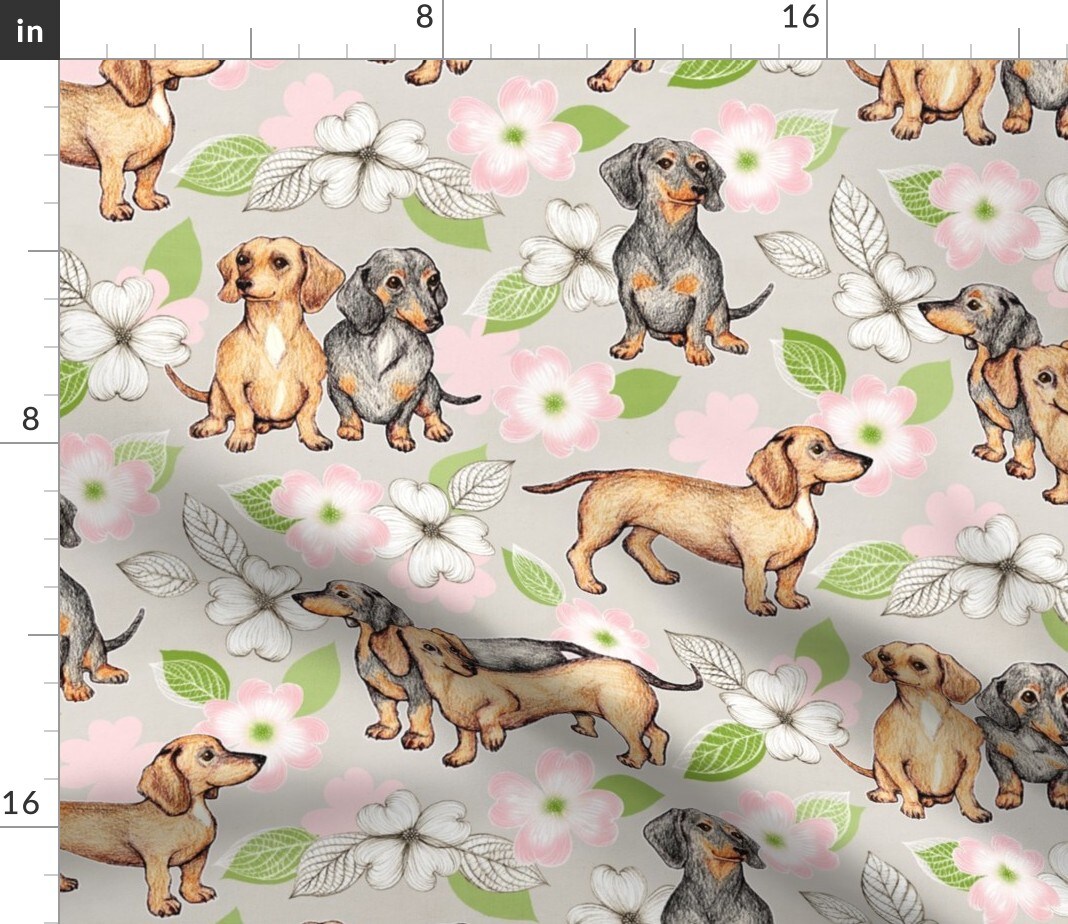 Dachshunds Dogwood Blossoms Pink Large Dachshund Dogs Cute Gray Year Puppy Custom Printed Fabric by Spoonflower Various Fabrics by the Yard or Fat Quarter