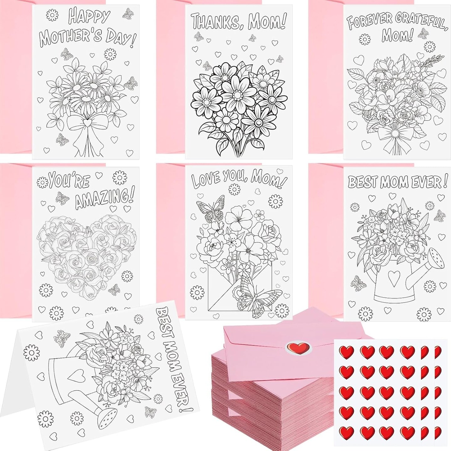 Mother’s Day Card Making Coloring Kit – 36 Pcs Color Your Own Mother’s Day Greeting Cards with Envelopes & Stickers, DIY Bulk Cards for Kids Classroom Crafts Gifts for Mom