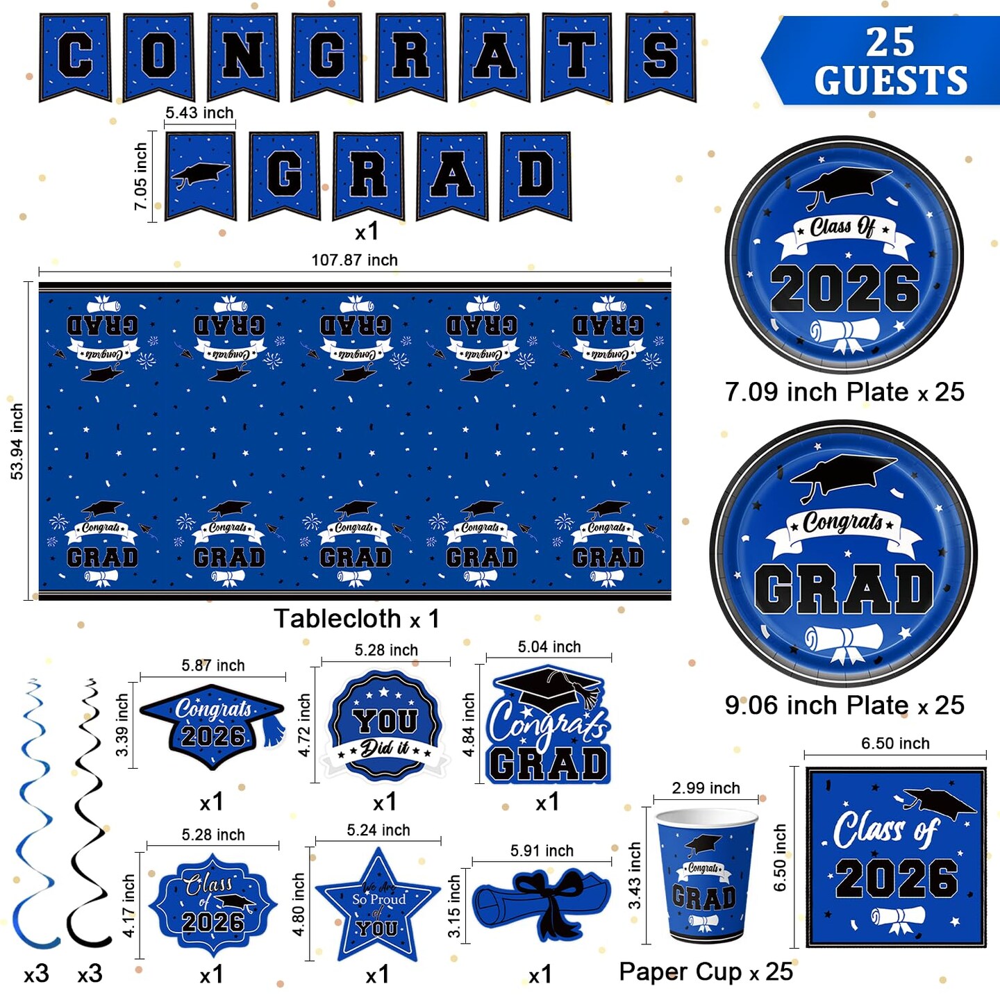 2026 Graduation Decorations for Party, Blue Plates Napkins Cups Tablecloth with Congrats Grad Hanging Decor for 25 Guests, Congratulations Disposable Party Supplies Favors for College & Middle School