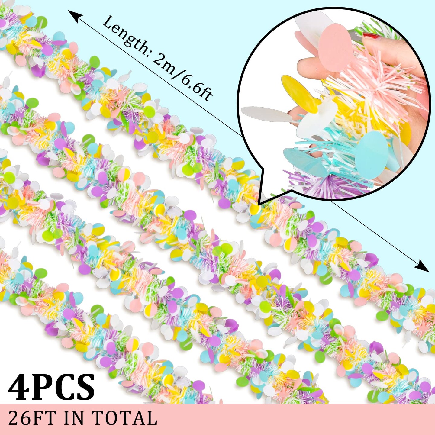 4Pcs Easter Tinsel Garland 26Ft Colorful Tinsel Twist with Confetti Spring Hanging Tinsel Ornament Decoration for Holiday Door Tree Mantel Window Outdoor Party Supplies