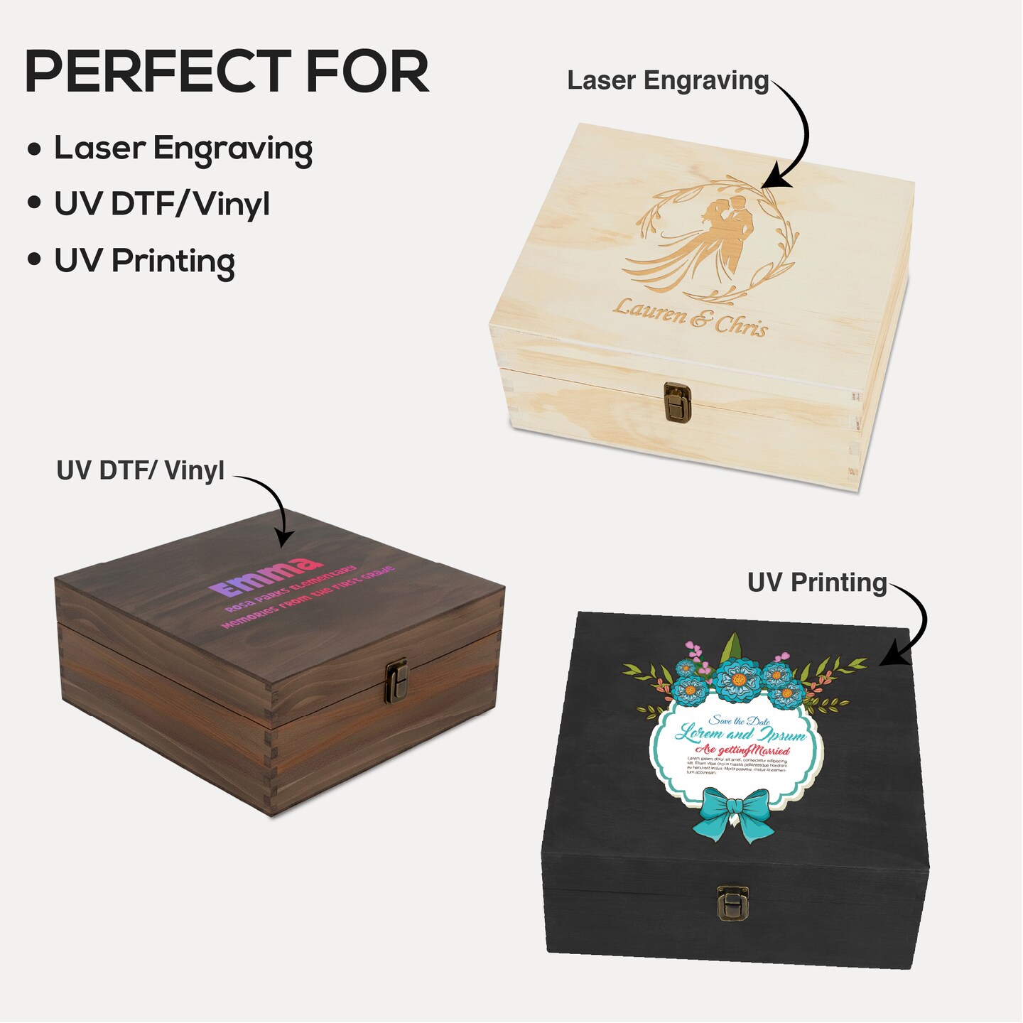 MakerFlo Large Pine Wood Memory Box with Black Felt Inside and Hinged with Clasp of Front, Keepsake Wooden Box Ideal for Craft and Personalization (Laser Engraving, Epoxy, UV DTF, and Vinyl)