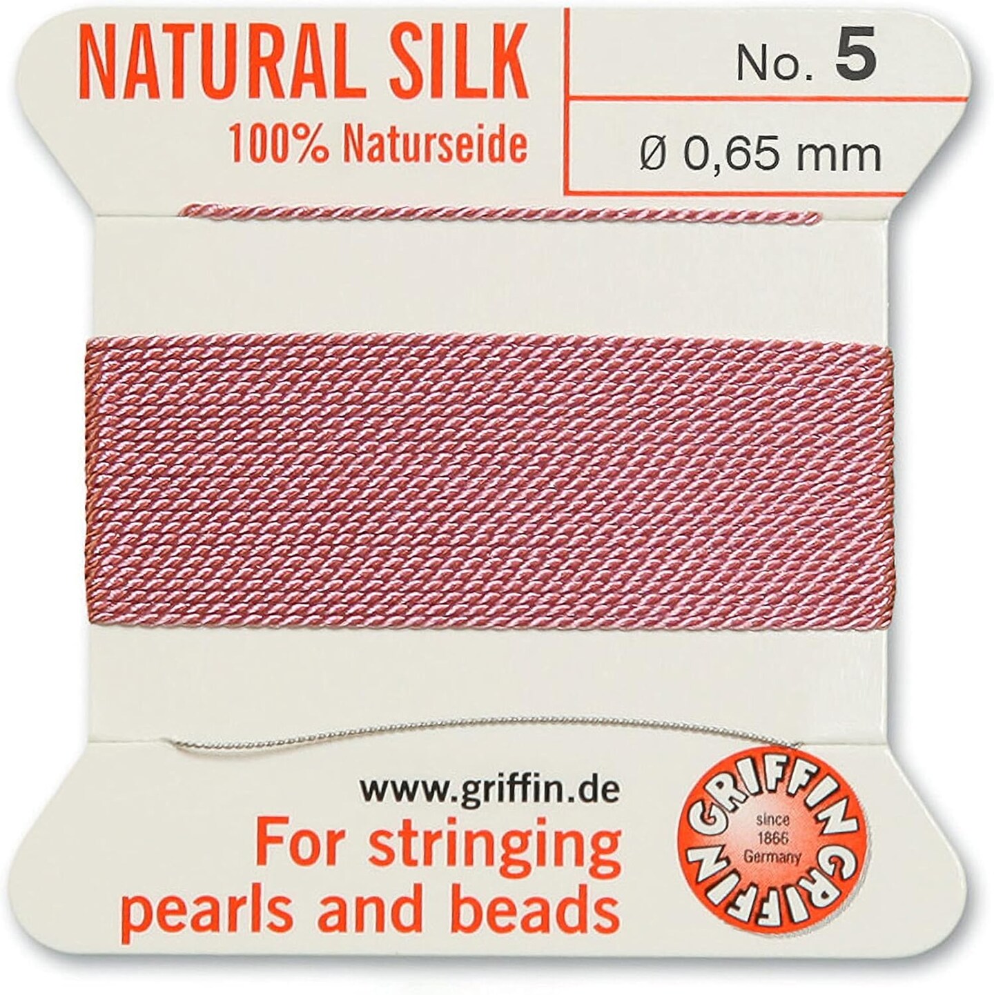 Griffin Silk Bead Cord Perlseide – Size 5 (0.65mm) – 2 Meters per Card – Stainless Steel Needle Attached – for Knotting Pearls, Gemstones, Crystals and Beads