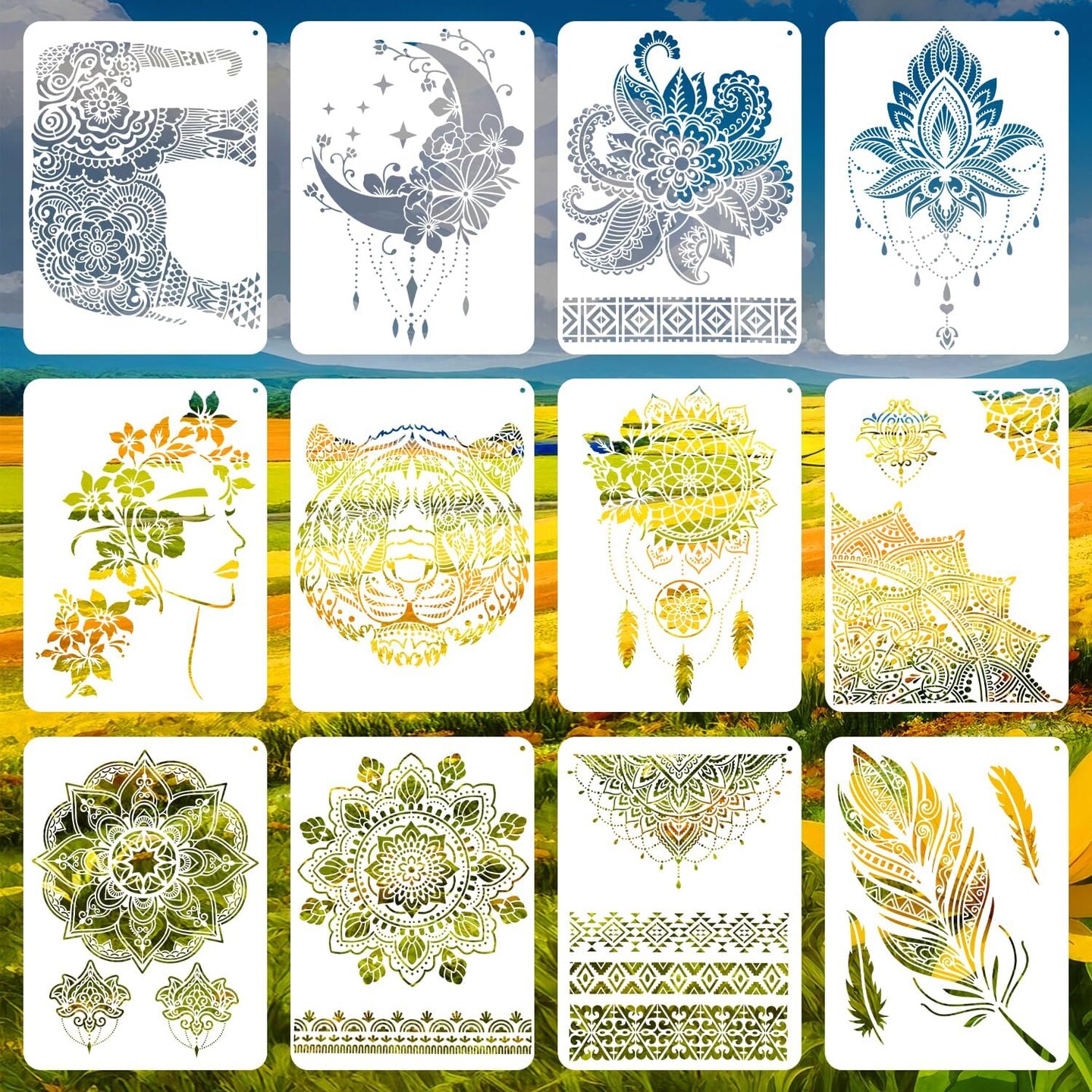 12-Pack Large Floral & Moon Mandala Stencils – Reusable A4 Painting Templates (8.3 x 11.7 in) for DIY Crafts on Walls, Floors, Wood, Tiles, Fabric & Furniture