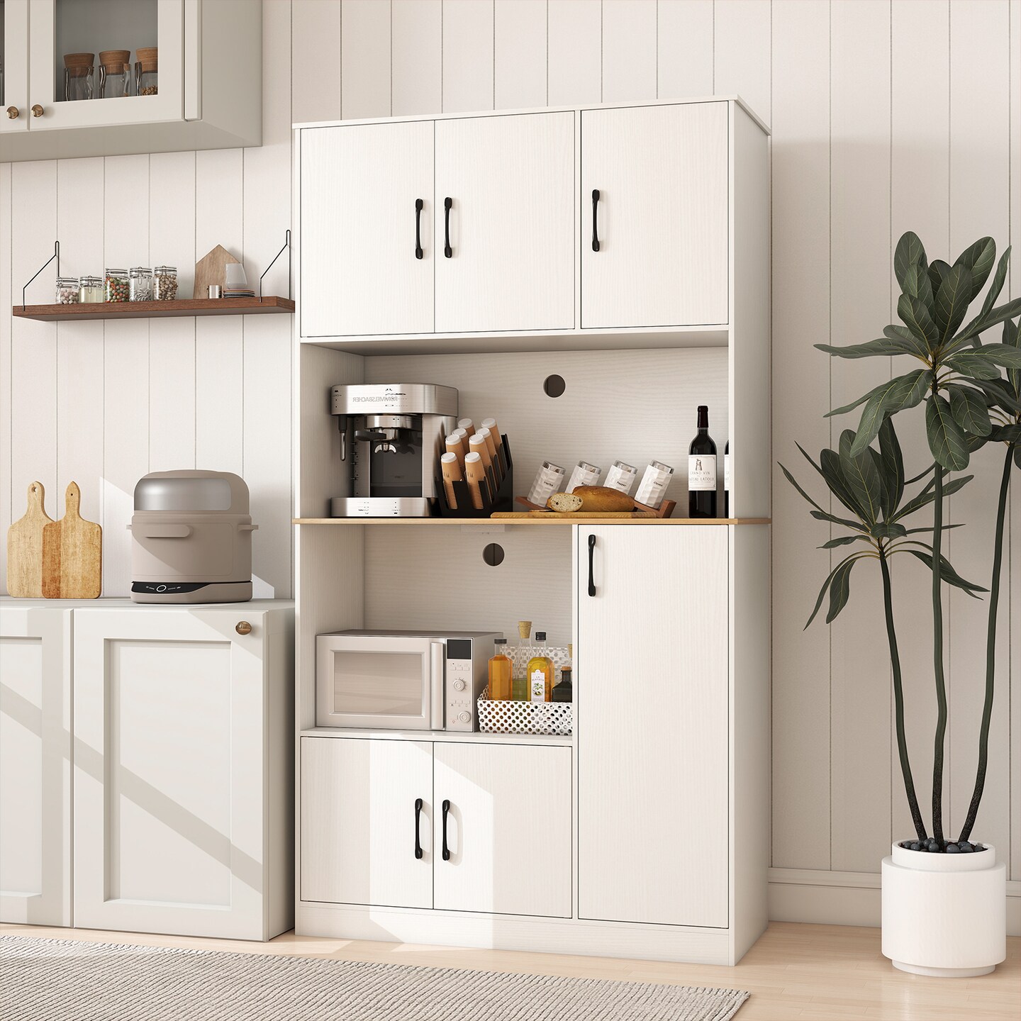 71" Pantry Cabinet with Countertop, Microwave Stand & USB/AC Charging Ports