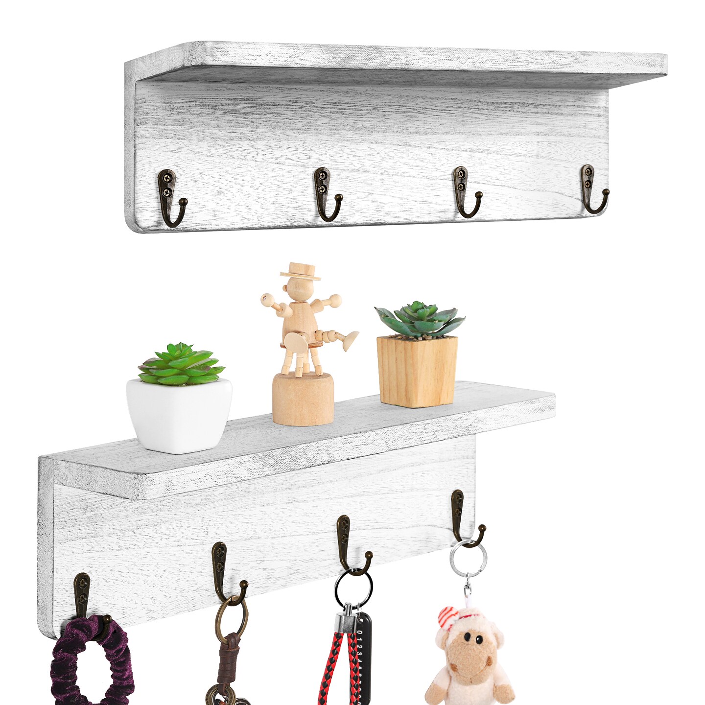 Set of 2 Whitewashed Wood Wall Shelves with 4 Hooks, Rustic Entryway Organizer