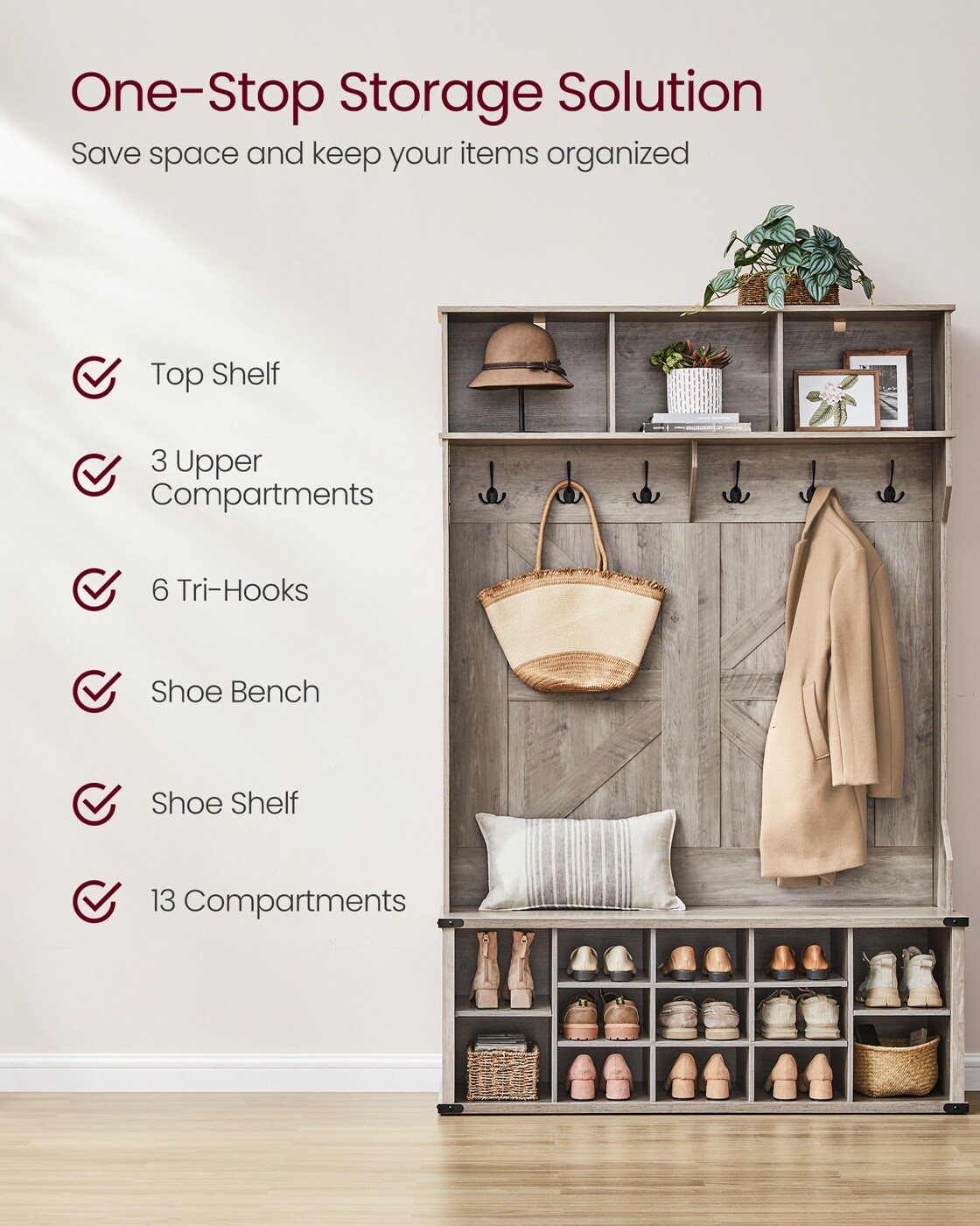 Farmhouse Style Entryway Hall Tree with Shoe Organizer and Bench, Multi function Coat Rack with Adjustable Storage Compartments and Hooks