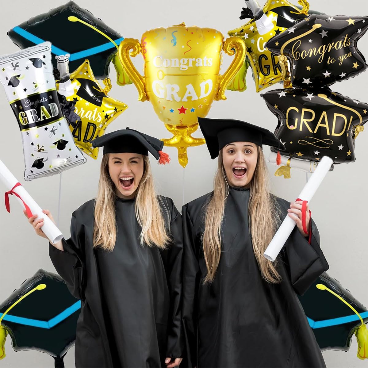 Graduation Party Balloons 2026 – Black & Gold Congrats Grad Mylar Balloon Set (6PCS) for Class of 2026 Decorations