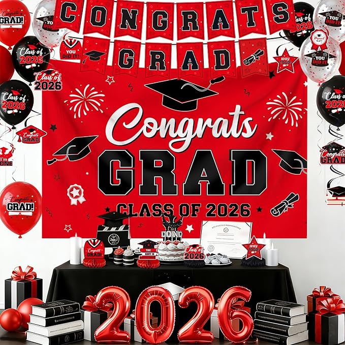 Class of 2026 Graduation Decorations - Red Congrats Grad Party Kit with Banner, Large Backdrop, Door Signs, 2026 Foil Balloons & Table Centerpieces - 40+ Piece Set