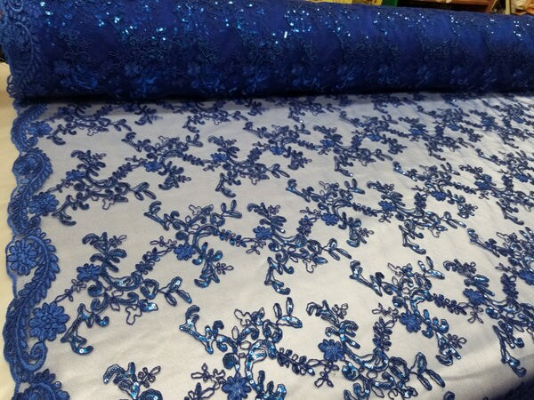 1 Yard Royal Blue Metallic Flowers Sequins Mesh Lace Fabric for Tablecloths and Costumes