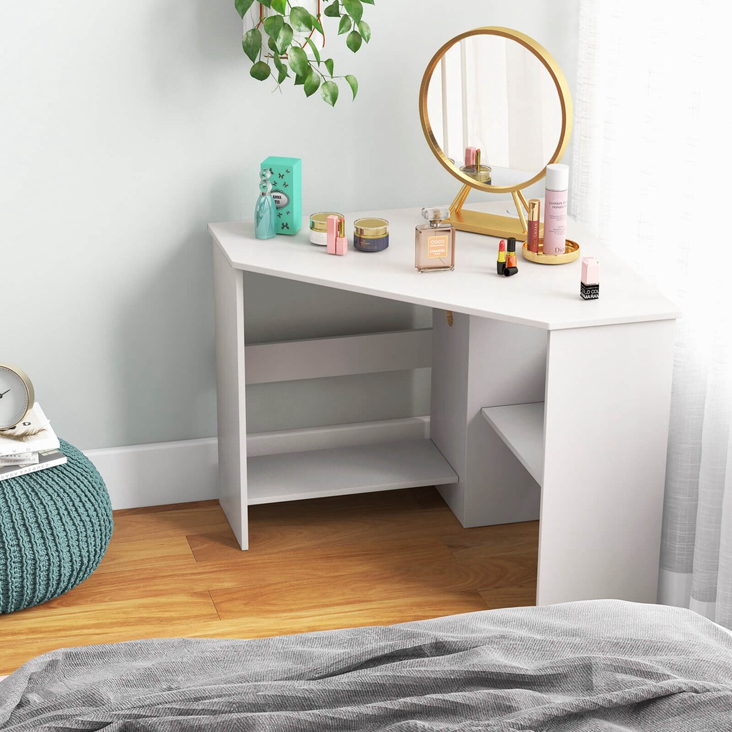 Costway Corner Computer Desk Triangle Writing Workstation w/ Storage Shelf White\Black