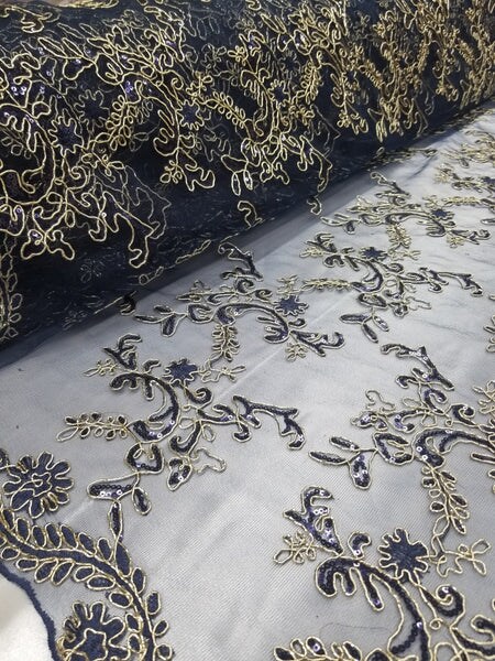1 Yard Navy Metallic Flowers Sequins Mesh Lace Fabric for Tablecloths and Costumes 100% polyester