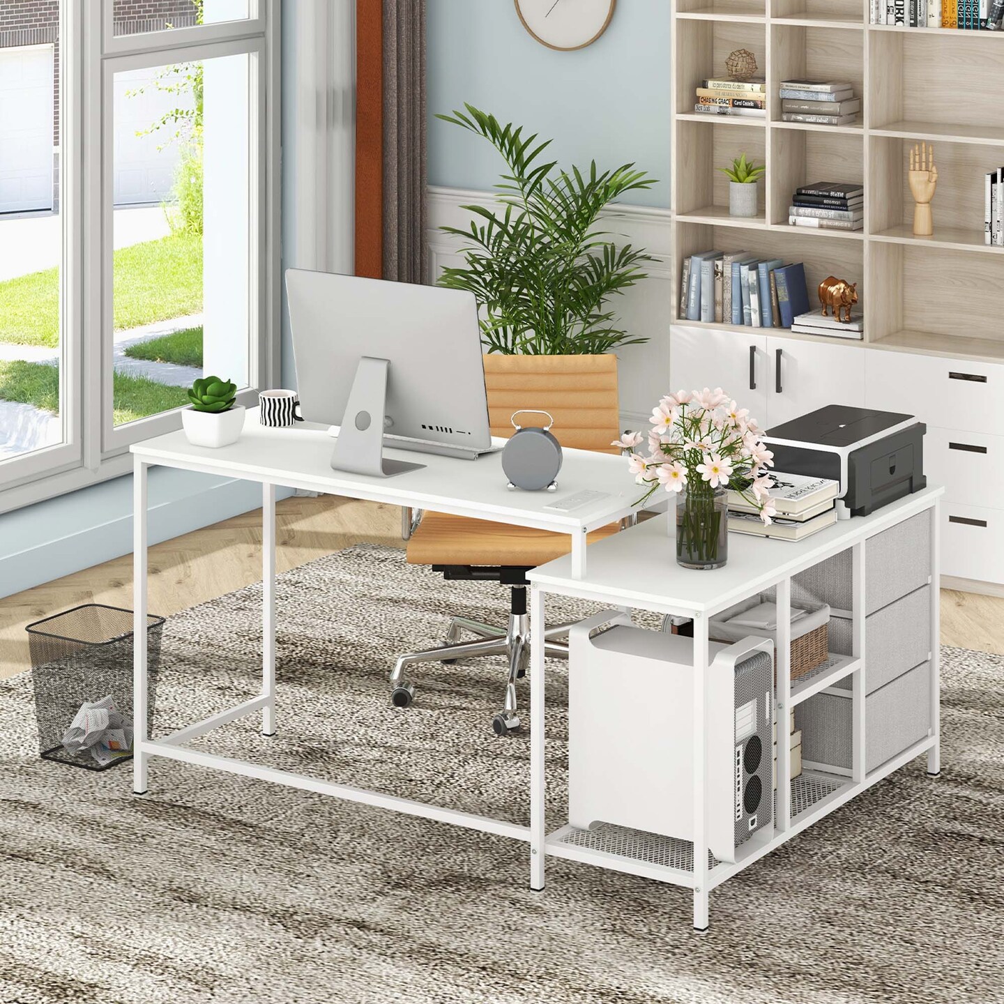Costway L-shaped Computer Desk with Power Outlet, Drawers, Metal Mesh Shelves Rustic Brown/Black/White