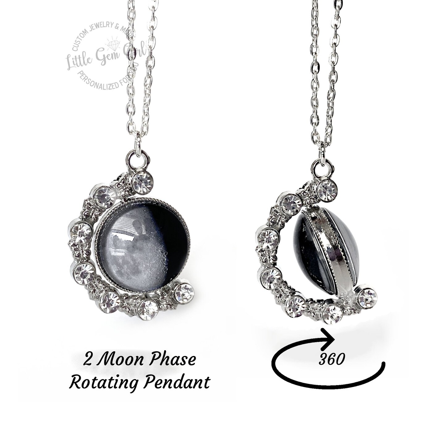 Personalized Moon Phase Necklace with Custom Text Rotating 360 Pendant  Silver Rhinestone Birth Moon Jewelry MakerPlace by Michaels