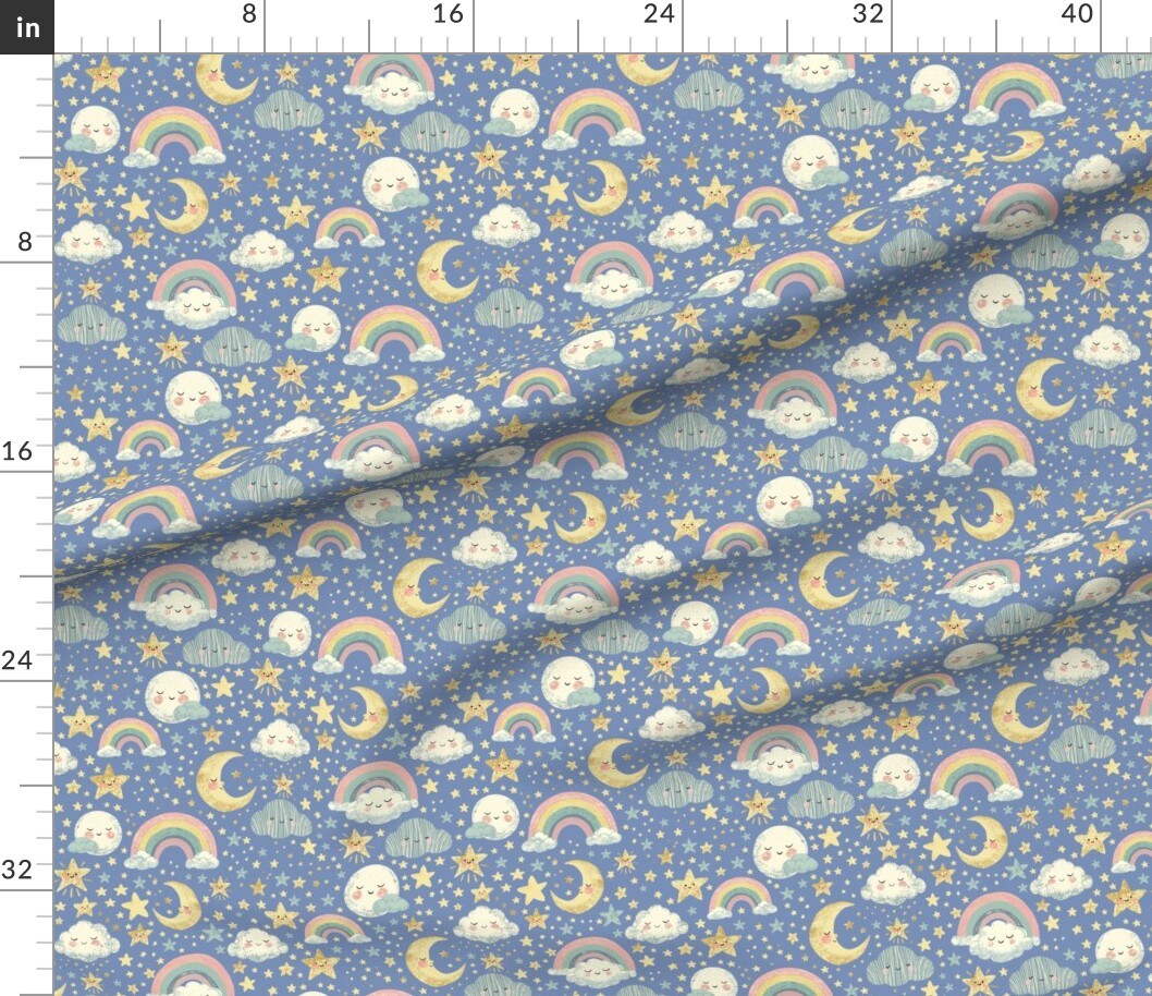 Various Fabrics by the Yard or Fat Quarter Celestial Baby Moon Stars Cloud Pastel Rainbow Cozy Dreamy Crescent Moon Blue Light Yellow Custom Printed Fabric by Spoonflower