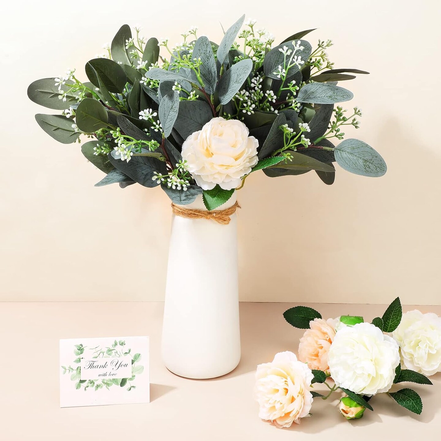 60 Pcs Eucalyptus Leaves Stems Artificial Eucalyptus Leaves Artificial Silver Dollar with White Seeds Grey Green Short Leaves Faux Branches Stems Plants for Wedding Bouquet Farmhouse Greenery Decor