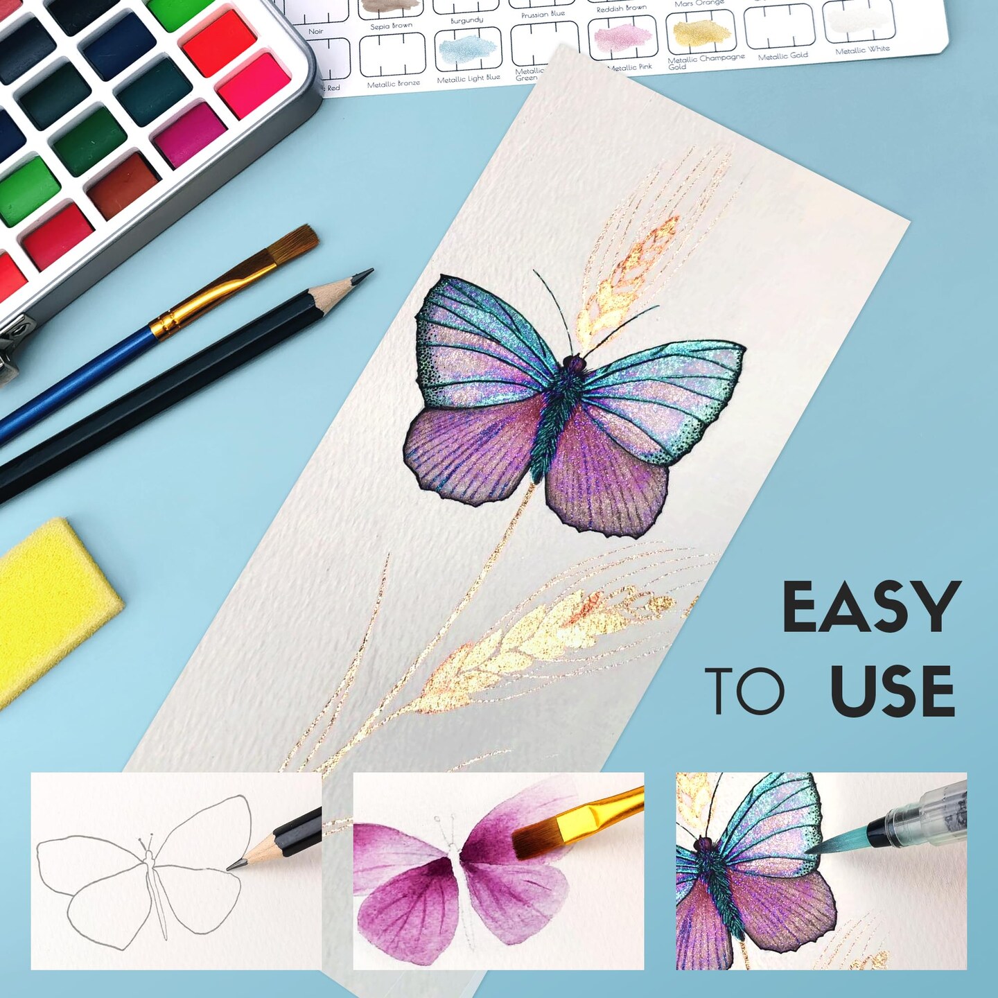 Watercolor Paint Set 50 Colors, Travel Watercolor Set with Portable Carrying Case, Papers, Brushes and Accessories, Ideal for Artists, Amateur Hobbyists and Painting Lovers