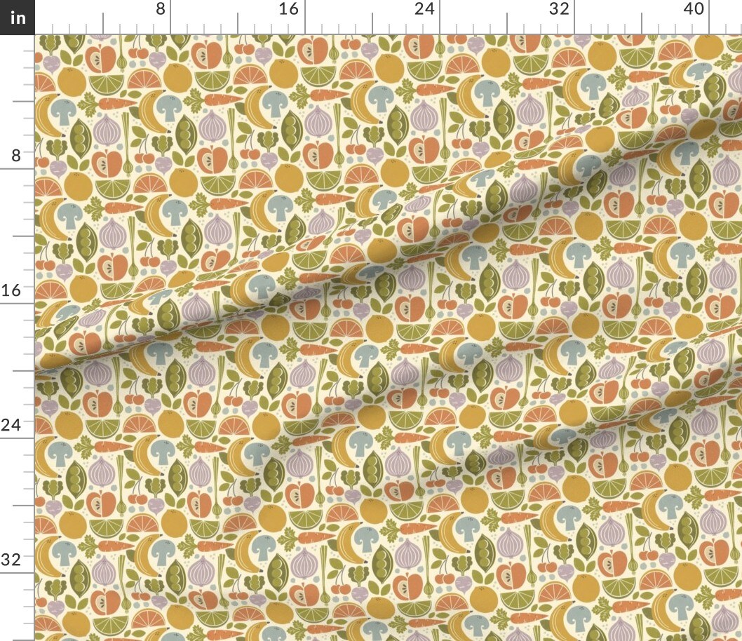 Vintage Food Retro Green Yellow Orange Purple Fruit Veggies Apple Carrots Bananas Peas Mushroom Custom Printed Fabric by Spoonflower Various Fabrics by the Yard or Fat Quarter