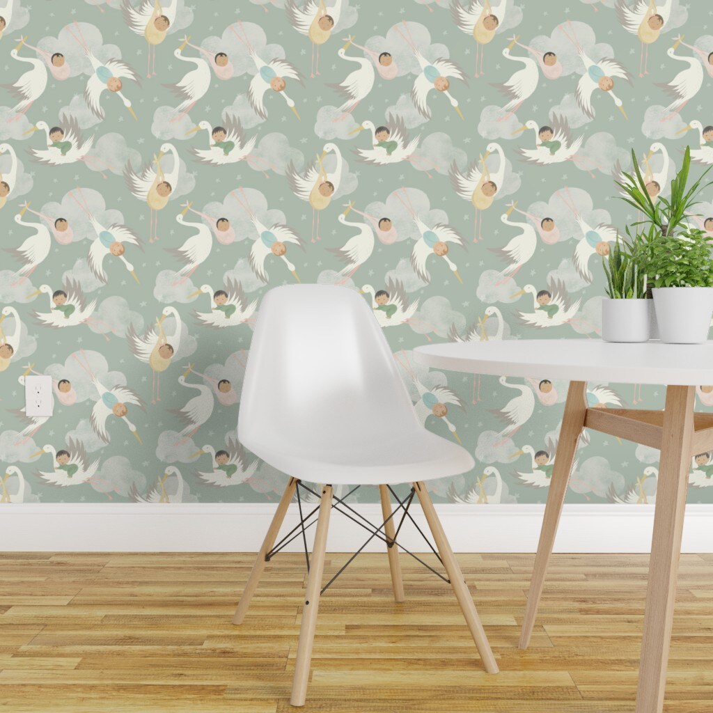 Pre-Pasted Wallpaper 2FT Wide Stork And Baby Sage Green Baby Nursery Pastel Whimsical Cute Toddler Kid Custom Pre-pasted Wallpaper by Spoonflower