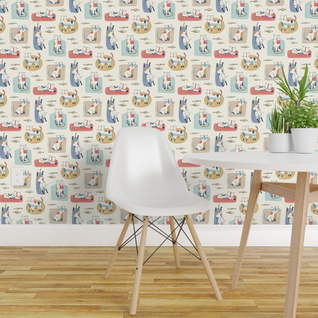 Non-Pasted Wallpaper 2FT Wide Whimsical Mod Cats Retro Color Block Fun Cute Happy Cheerful Bright Pastel Beige Traditional Wallpaper by Spoonflower