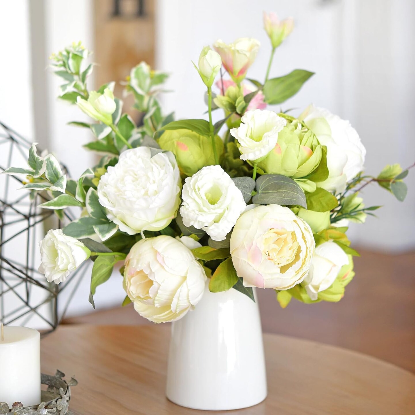 Mixed Cream Beige and Moss Green Vintage Artificial Silk Flower Peonies 2 Bouquets Floral