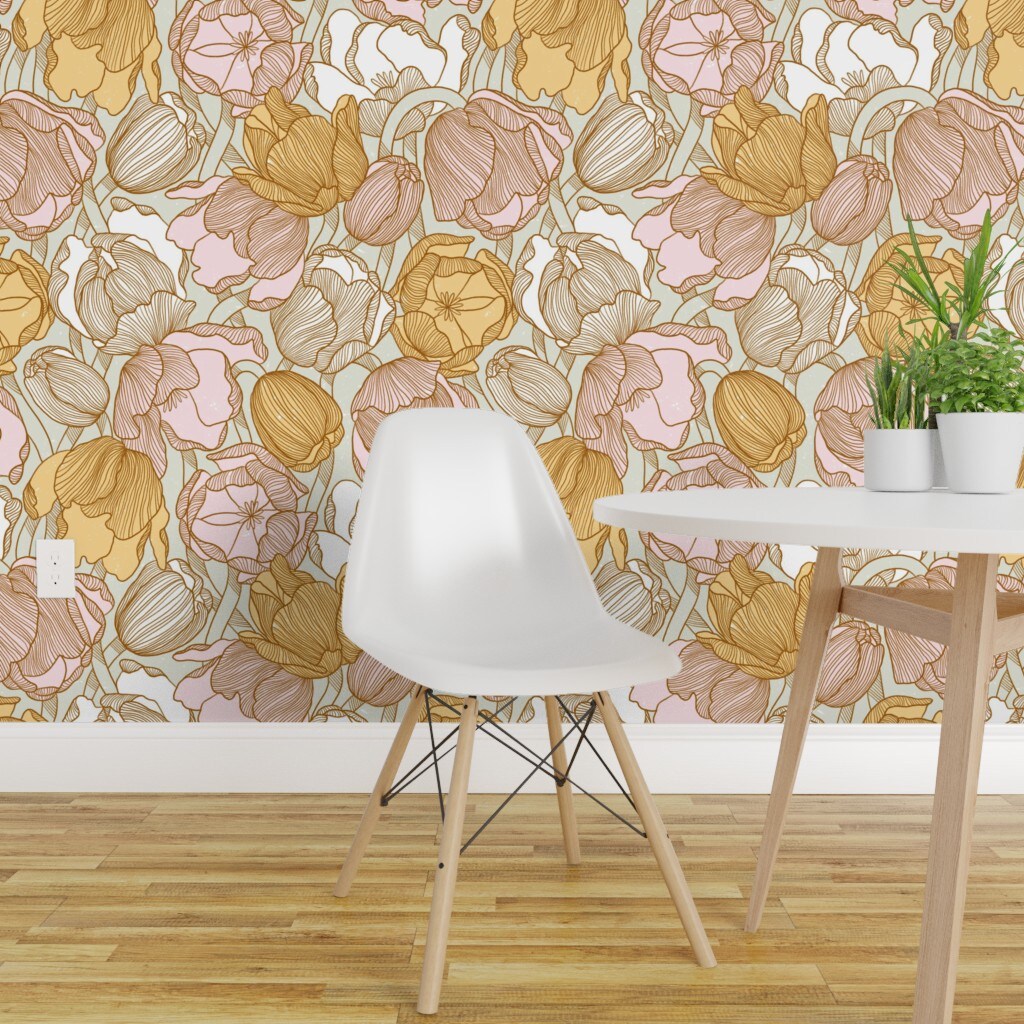Non-Pasted Wallpaper 2FT Wide Tulip Floral Modern Botanical Garden Bloom Meadow Wildflower Pink Yellow Mint Spring Pastel Traditional Wallpaper by Spoonflower