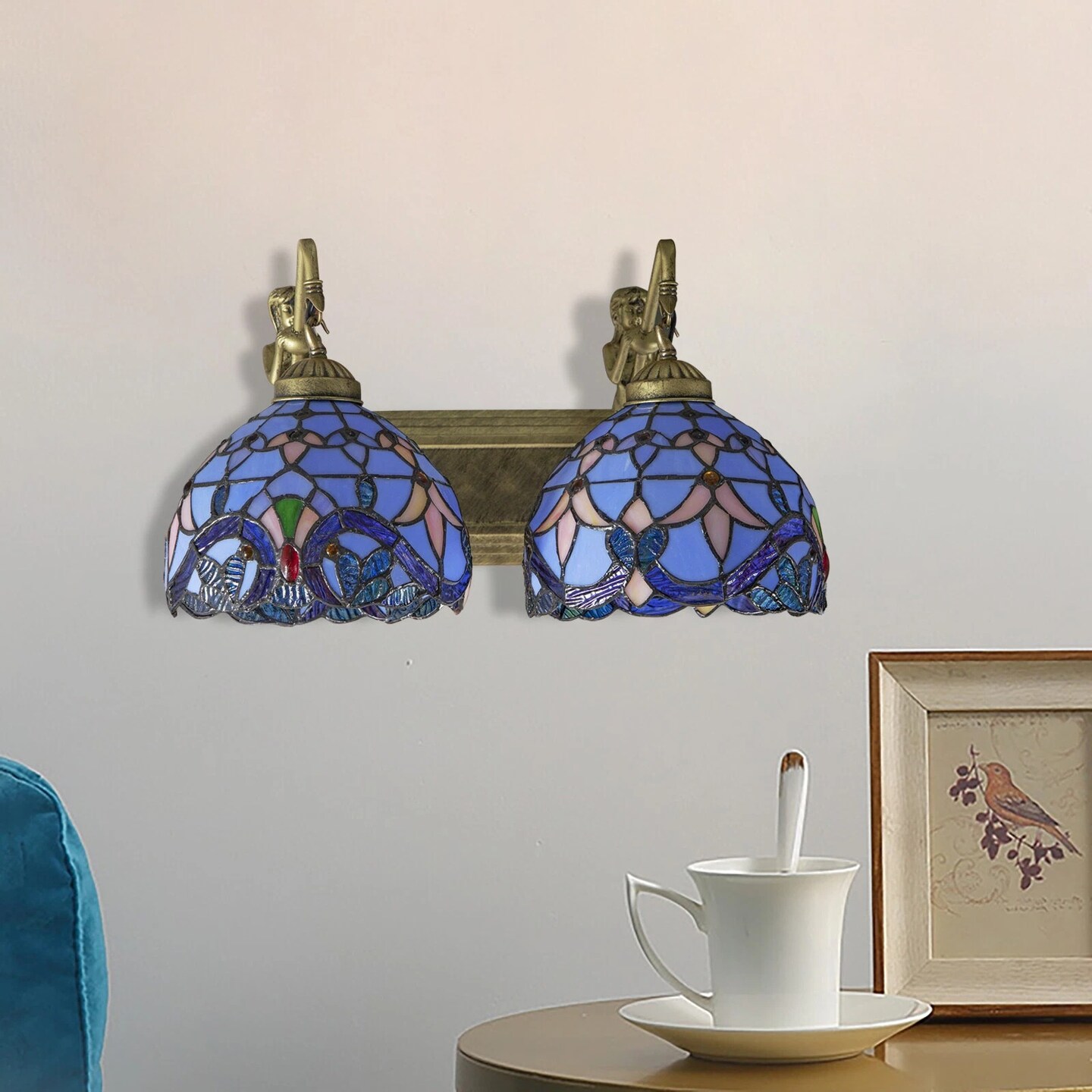 2-Light Tiffany Bathroom Vanity Wall Sconce – Blue Stained Glass, Arts & Crafts Style