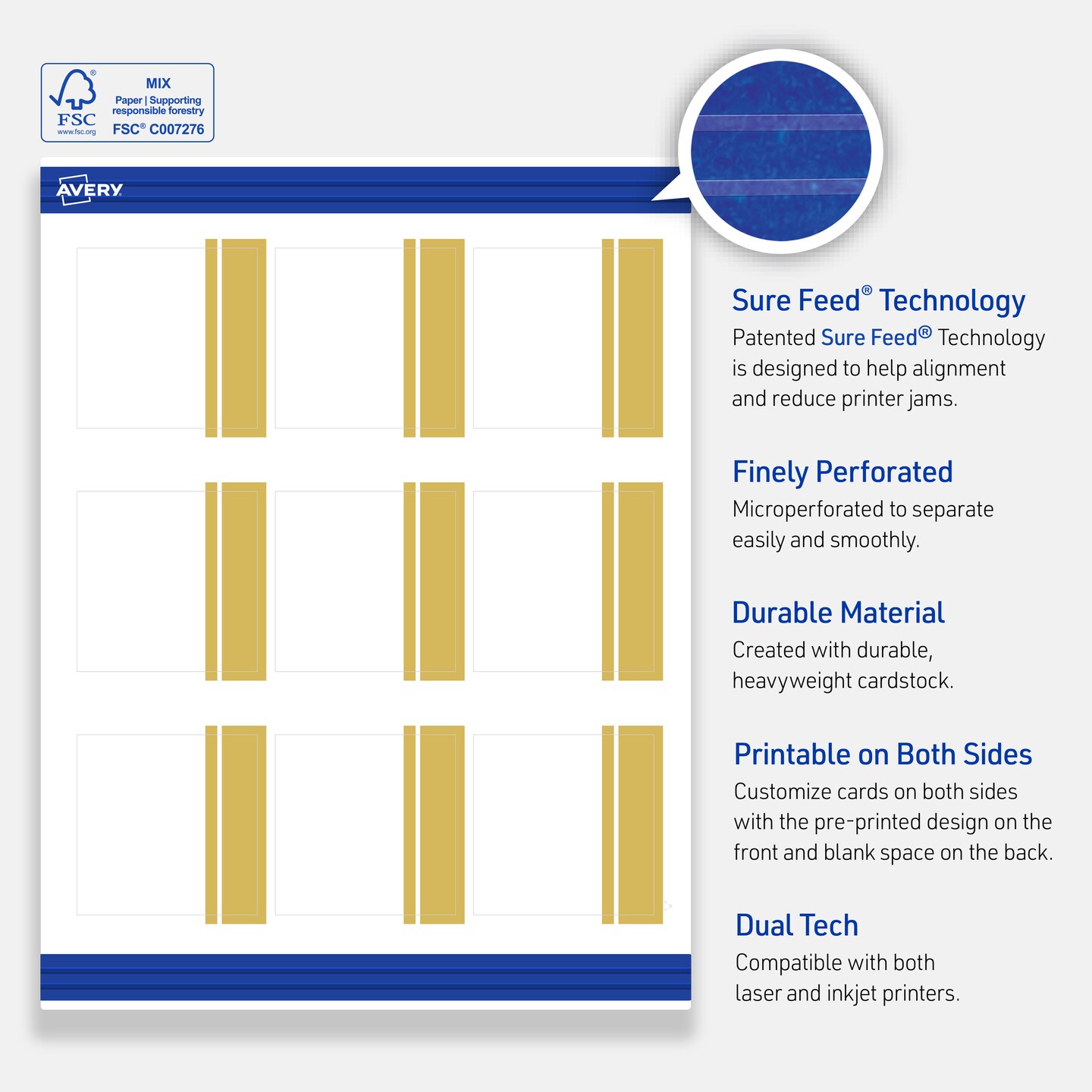 Avery Printable Square Cards, Gold Double-Dipped Edge, 2.5" x 2.5", Matte White Square Cards, Laser/Inkjet, 90ct, Great for Business Cards
