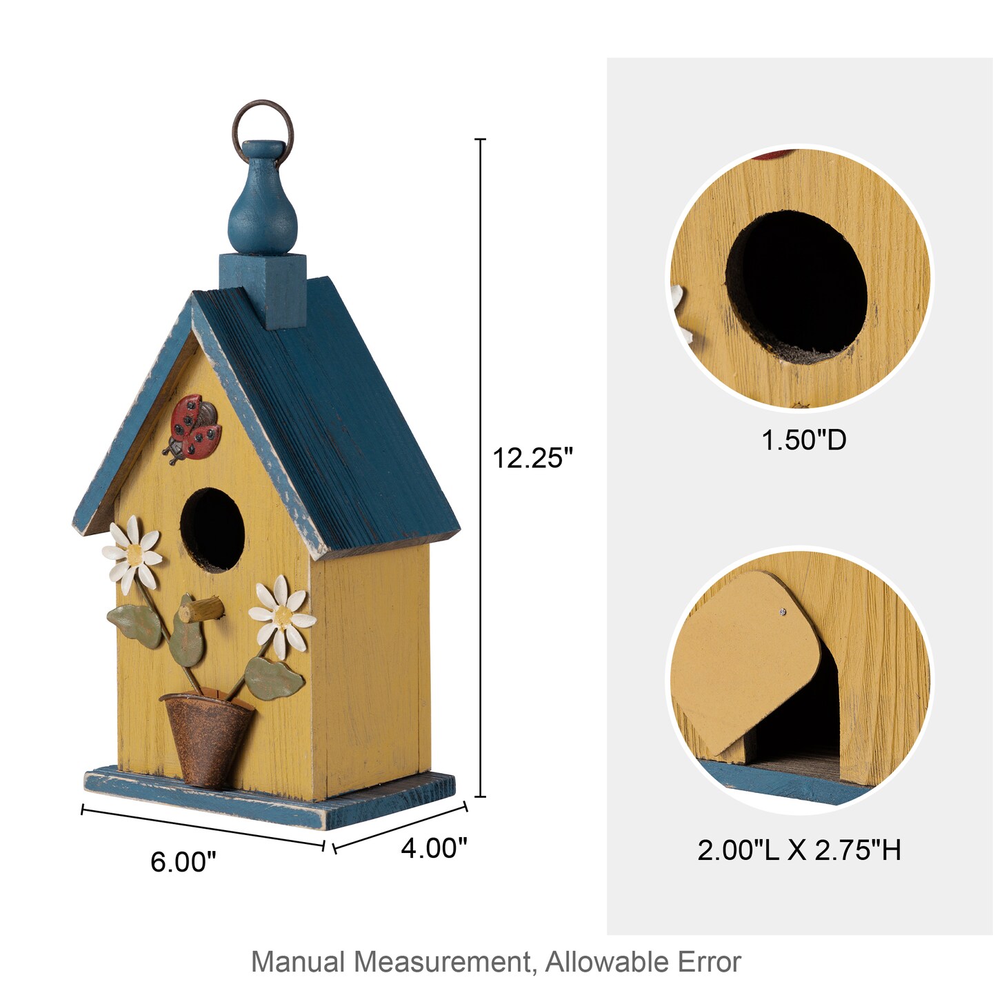Set of 2 12.25''H Washed Yellow Distressed Solid Wood Cottage Garden Birdhouse with Bees and Flowers