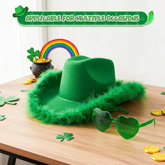 4E’s Novelty Green Cowboy Hat with Feathers & Heart-Shaped Sunglasses - Perfect Cowboy Outfit Accessory, Cowboy Hat for Party Costume Dress Up