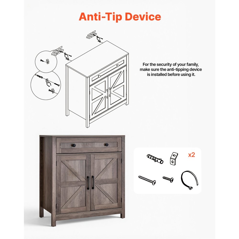 Grey Farmhouse Coffee Bar Cabinet with Drawer and 2 Barn Doors Sideboard