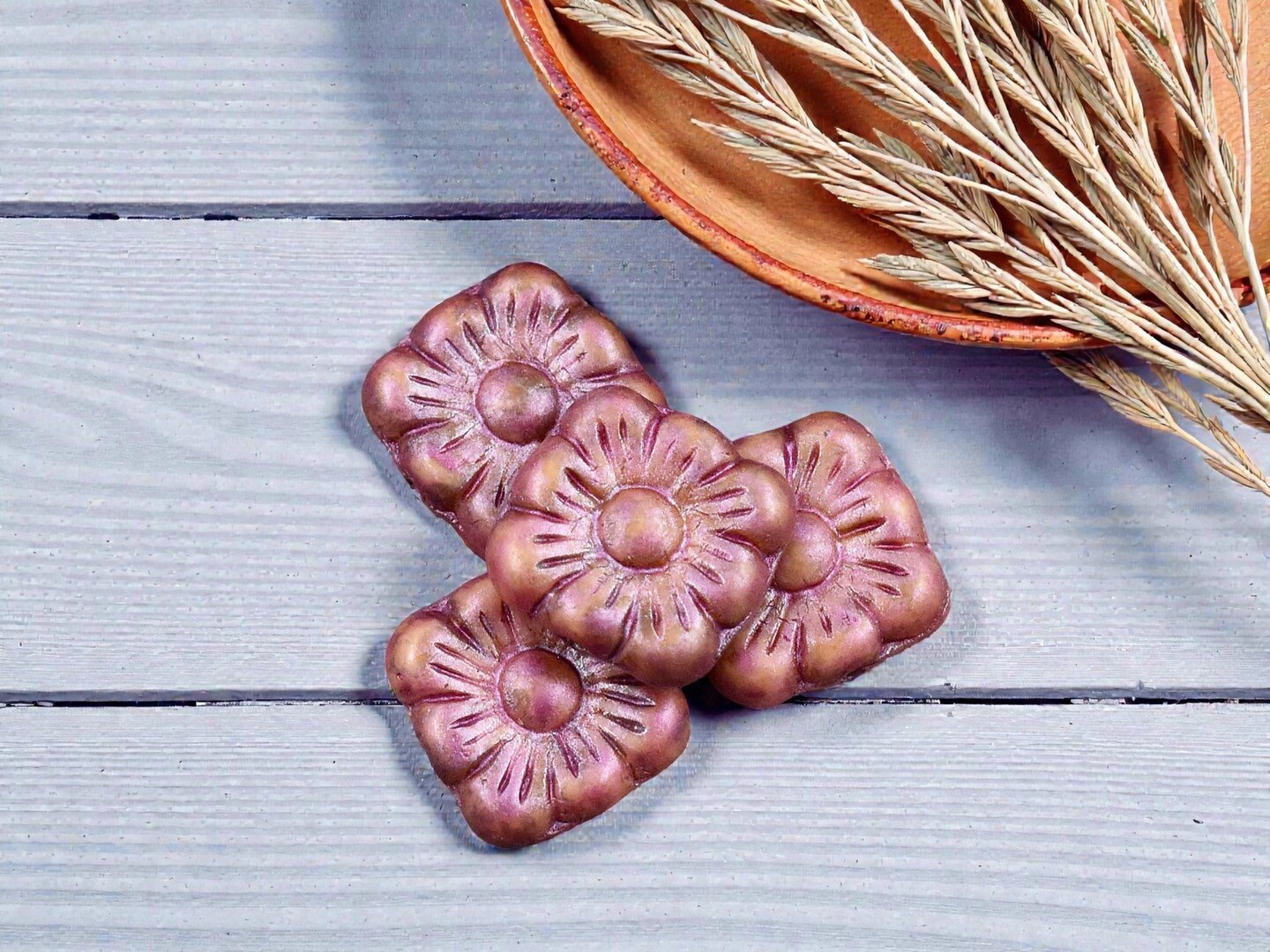 *10* 11mm Matte Pink Luster Washed Opaque Beige Square Flower Beads