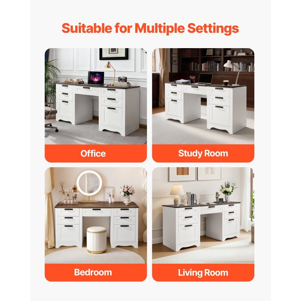 Walnut Particle Board Executive Desk with Charging Station & Drawers