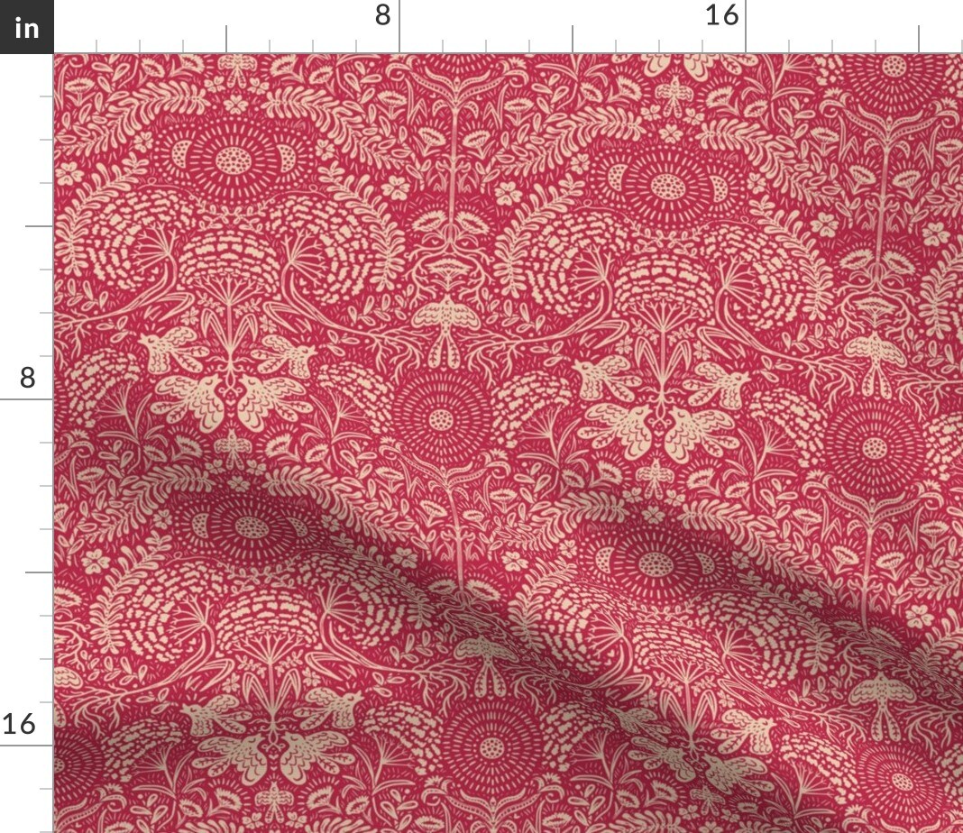 Woodland Damask Magenta Cream Forest Animals Folk Art Style Hand-Drawn Botanical Custom Printed Fabric by Spoonflower Various Fabrics by the Yard or Fat Quarter