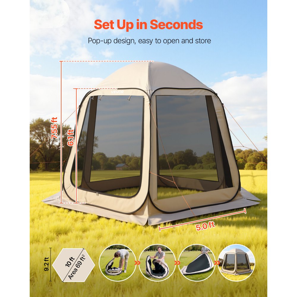 Beige 300D Oxford Pop Up Screen Tent 4–8 Person Instant Canopy