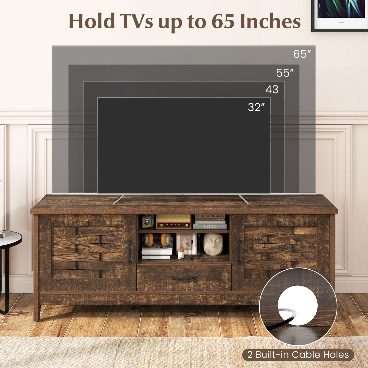 Farmhouse TV Console for 65-Inch TVs with Woven Doors and Storage