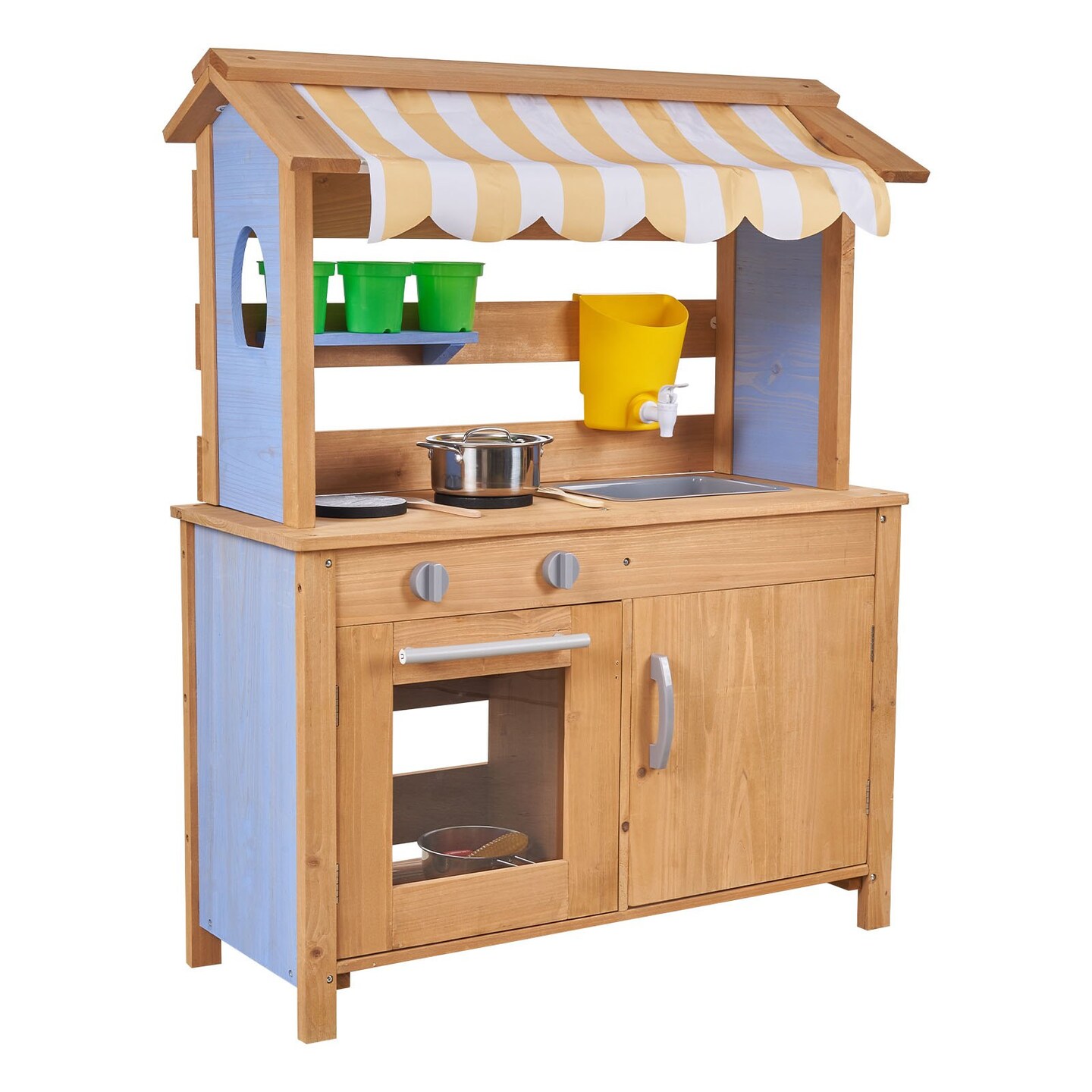 Natural Fir Wood Kids Mud Kitchen with Sunshade and 2 Gas Stoves