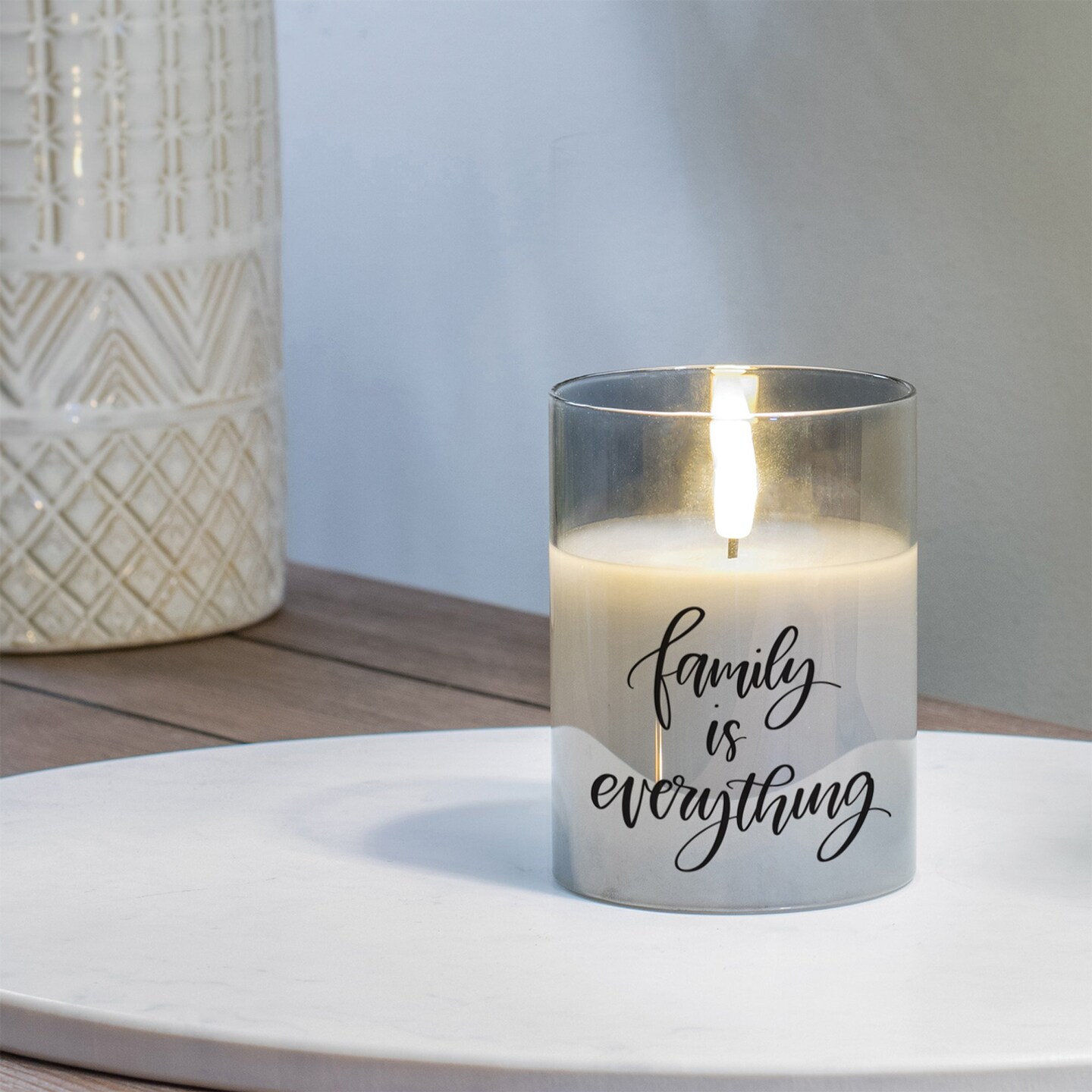 Edge Collections - 4" x 3" - Gray - Flameless LED Candle with Family Is Everything Quote - 1 Piece