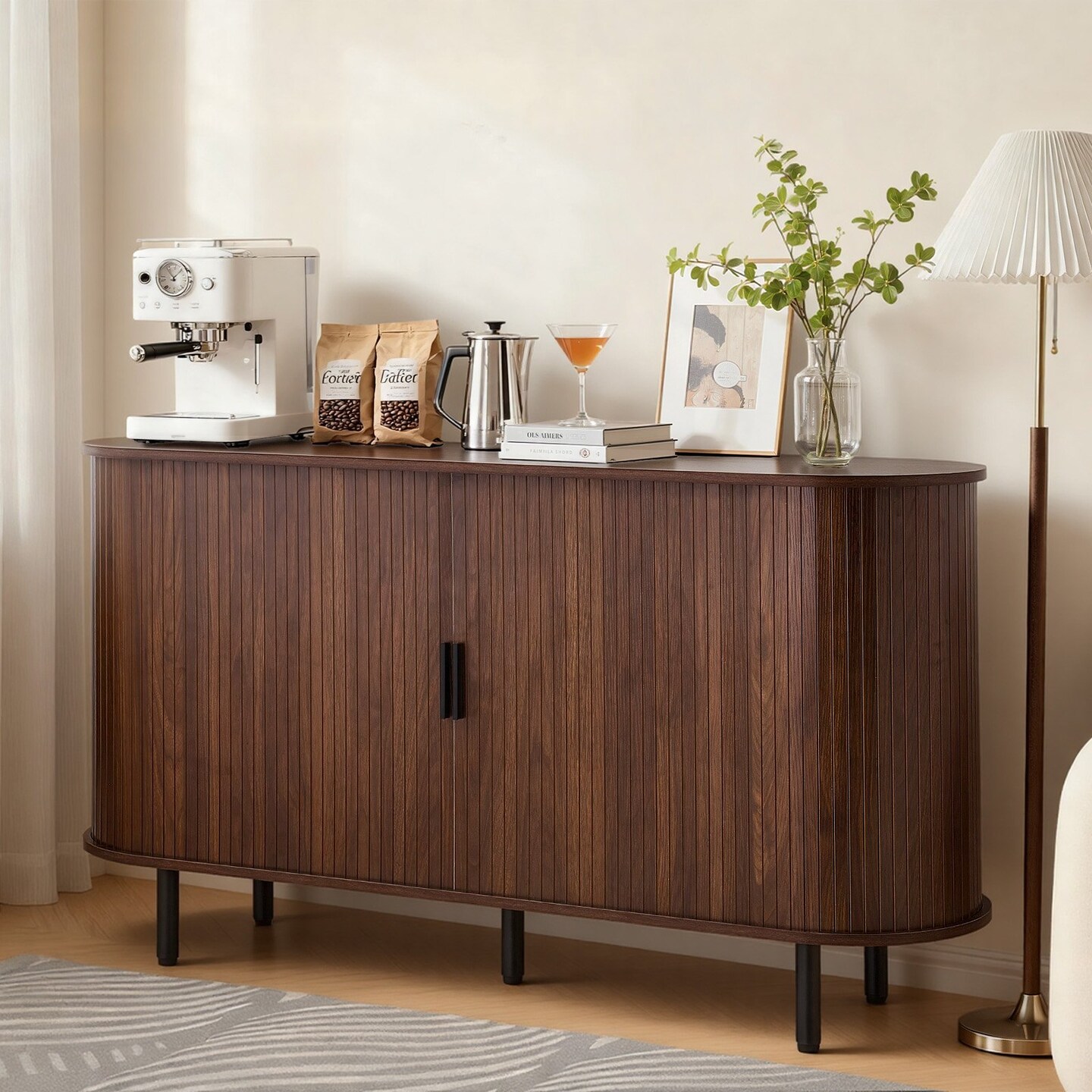 Walnut Mid-Century Fluted Coffee Bar Cabinet with 2 Sliding Doors Sideboard