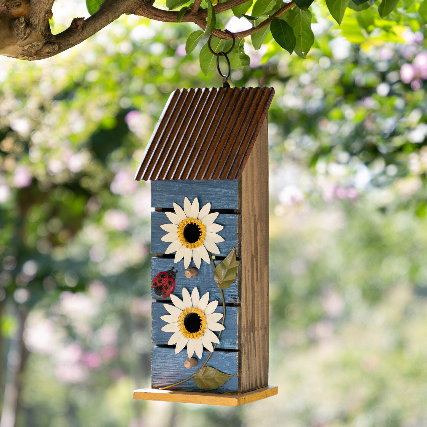 Set of 2 15"H Washed Blue 2-Tiered Solid Wood and Metal Daisy Decorative Outdoor Garden Birdhouse