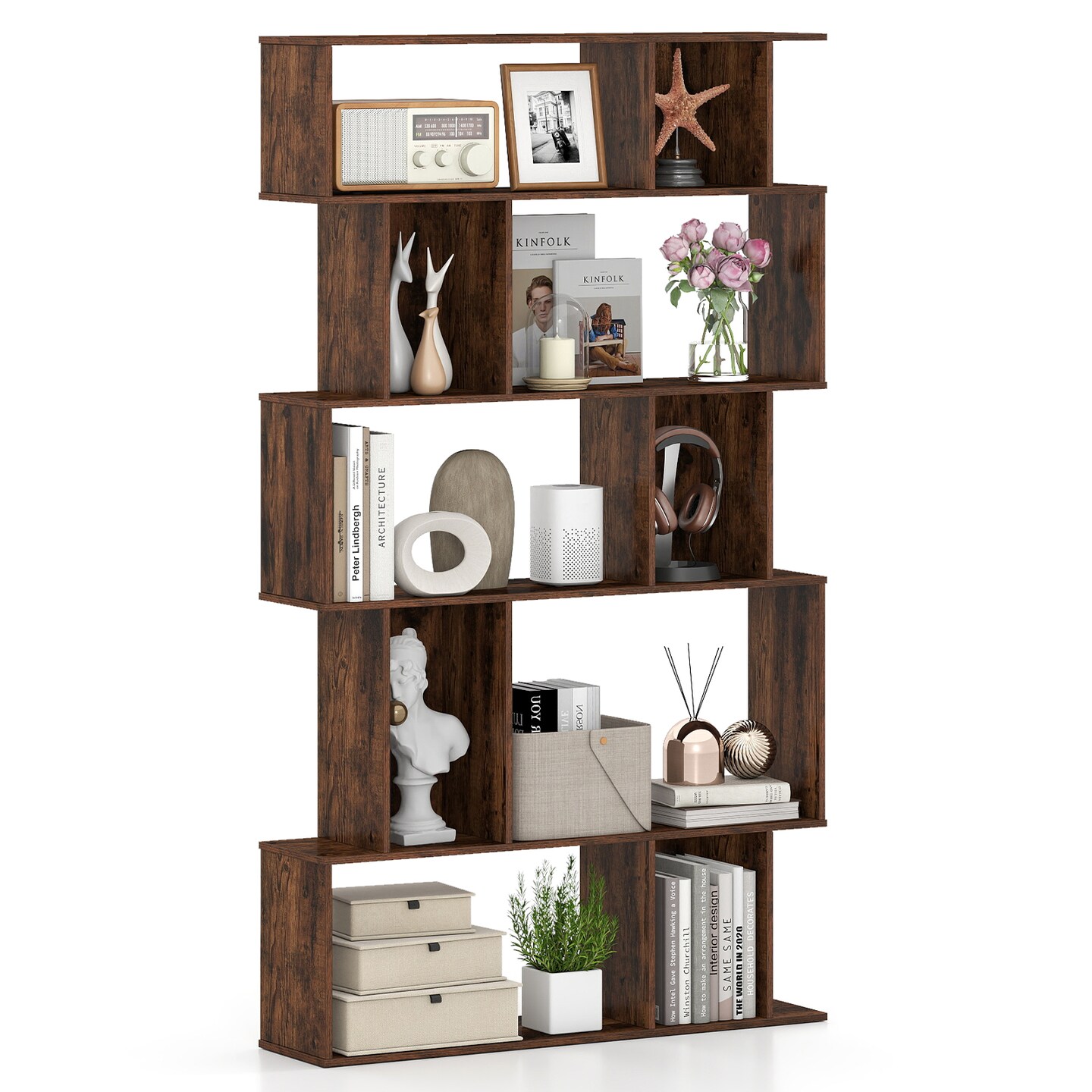Geometric Bookshelf 5-Tier with Open Shelving and Closed-Back Cubes