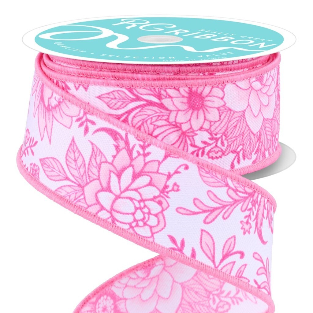 RG Ribbon: Pink and White Chinoiserie Florals, Wired - For Bows, Wreaths, Gift Wrap, Crafts and Decorations