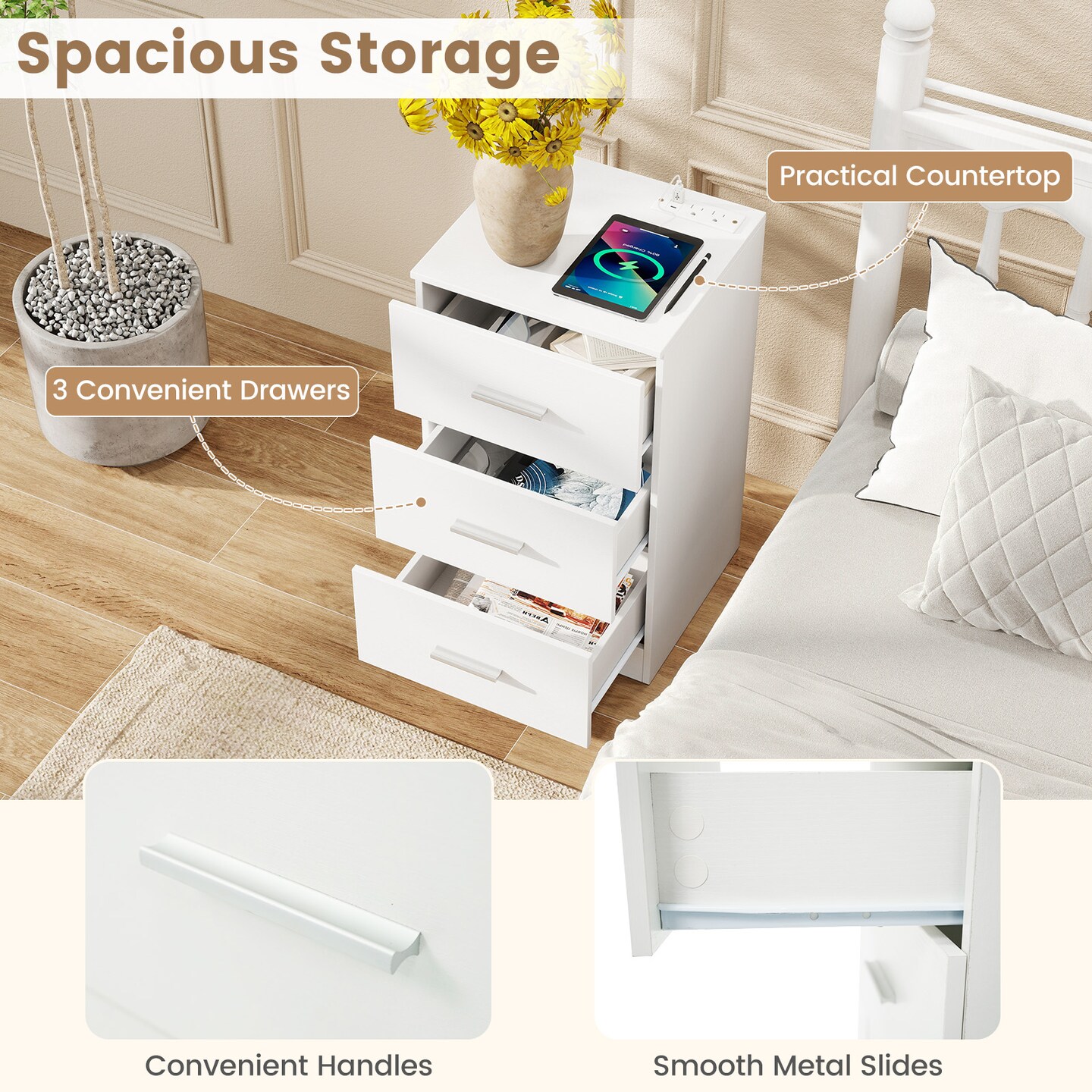 Bedside Table with Charging Station 3 Drawer Storage USB Type C Ports