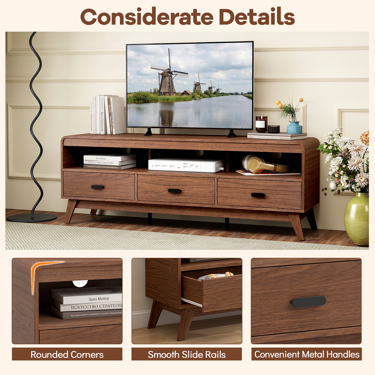 Mid-Century Modern TV Stand for TVs up to 70" with 3 Drawers and Open Shelves