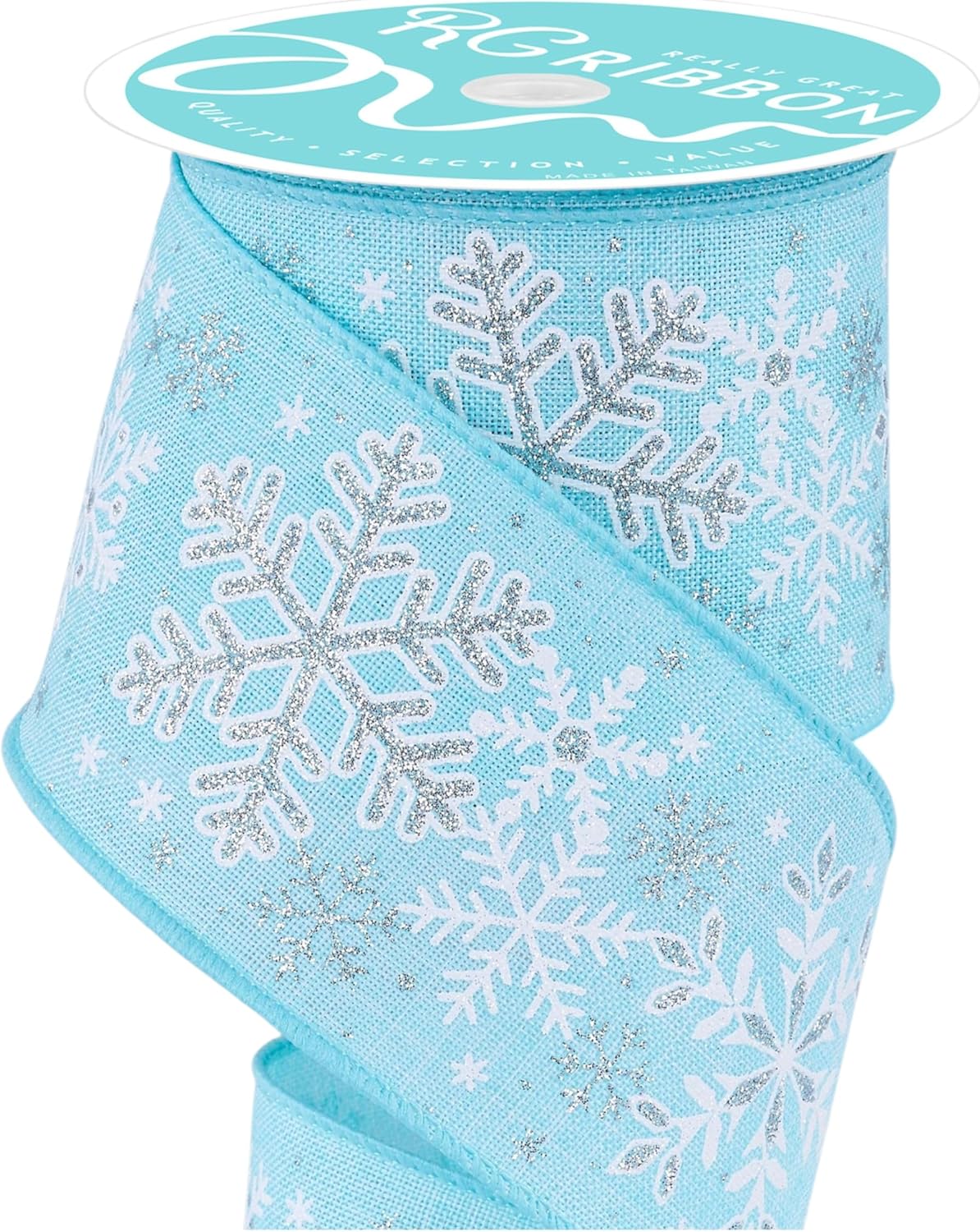 RG Ribbon: 2.5" Glitter Snowflake Wired Ribbon 10 Yards - Ice Blue, White, Silver - For Bows, Wreaths, Crafts, Christmas and Winter Decorations