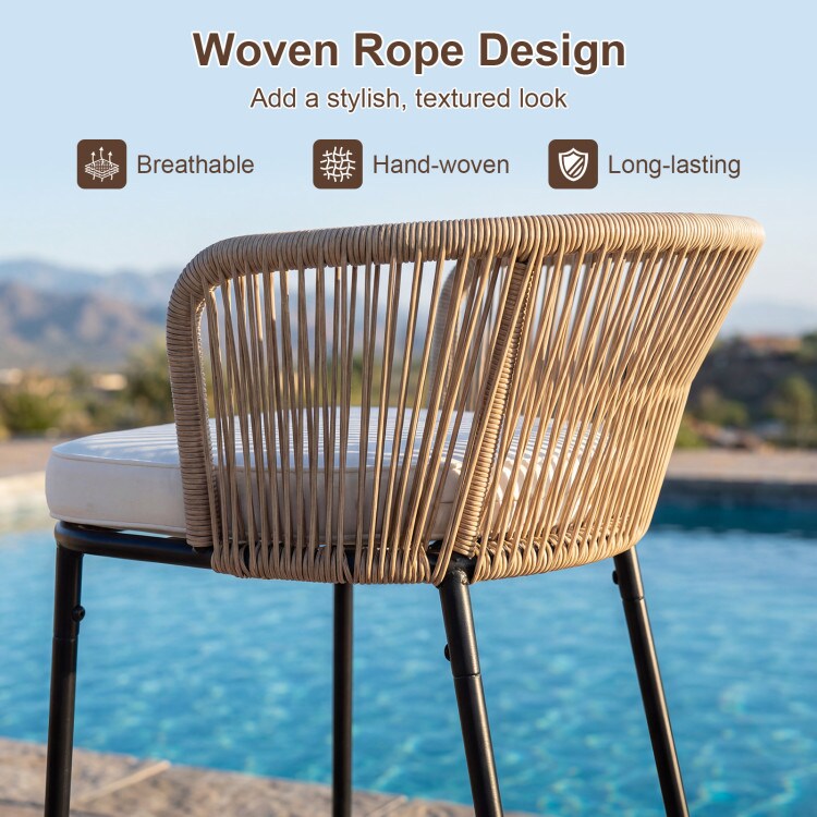 2-Piece Outdoor Bar Stools Woven Rope Cushioned Seats Backrest Footrest 400 Lb Off White
