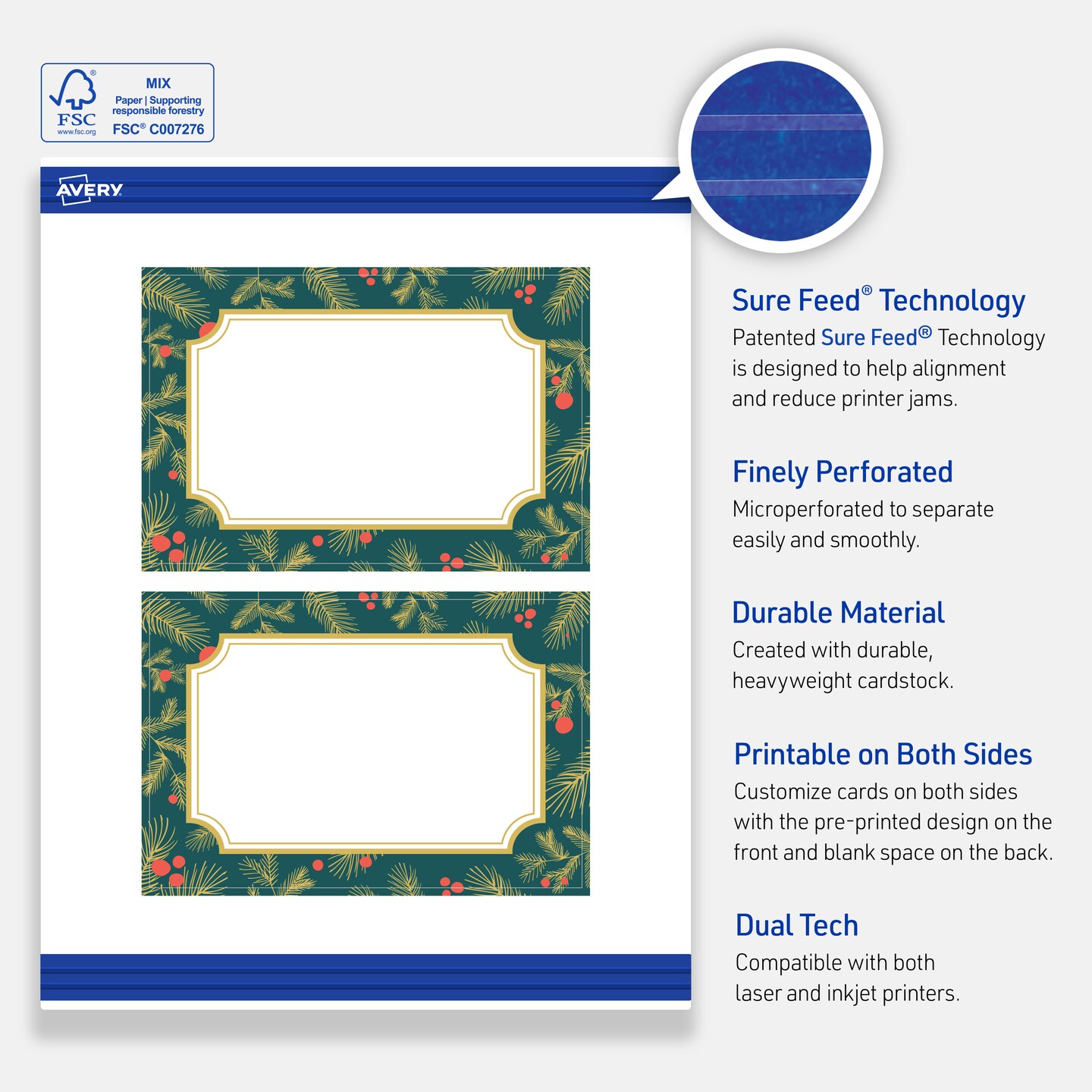 Avery Printable Rectangle Postcards, 4" x 6", Matte White, Pre-printed Teal & Metallic Gold Frame Design, Sure Feed Technology, Laser & Inkjet Compatible, 40 Total