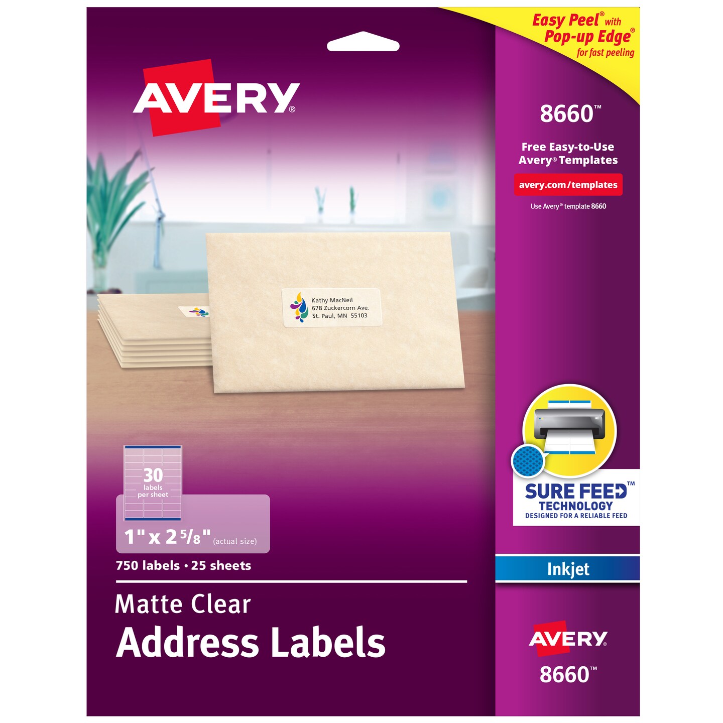 Avery Printable Address Labels with Sure Feed Technology, 1" x 2-5/8", Matte Clear, Compatible with Inkjet Printers, 750 Blank Labels Total (8660)