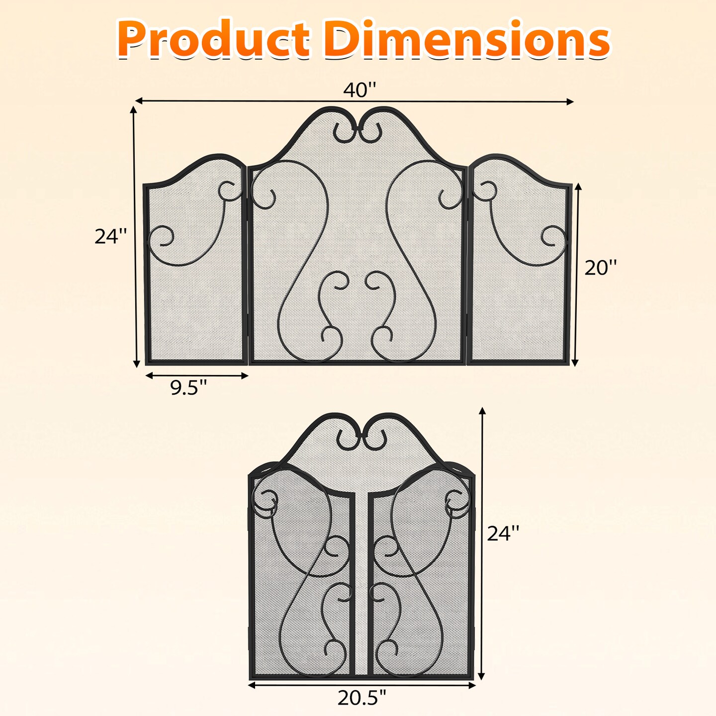 Decorative 3-Panel Foldable Fireplace Screen with Safety Spark Guard
