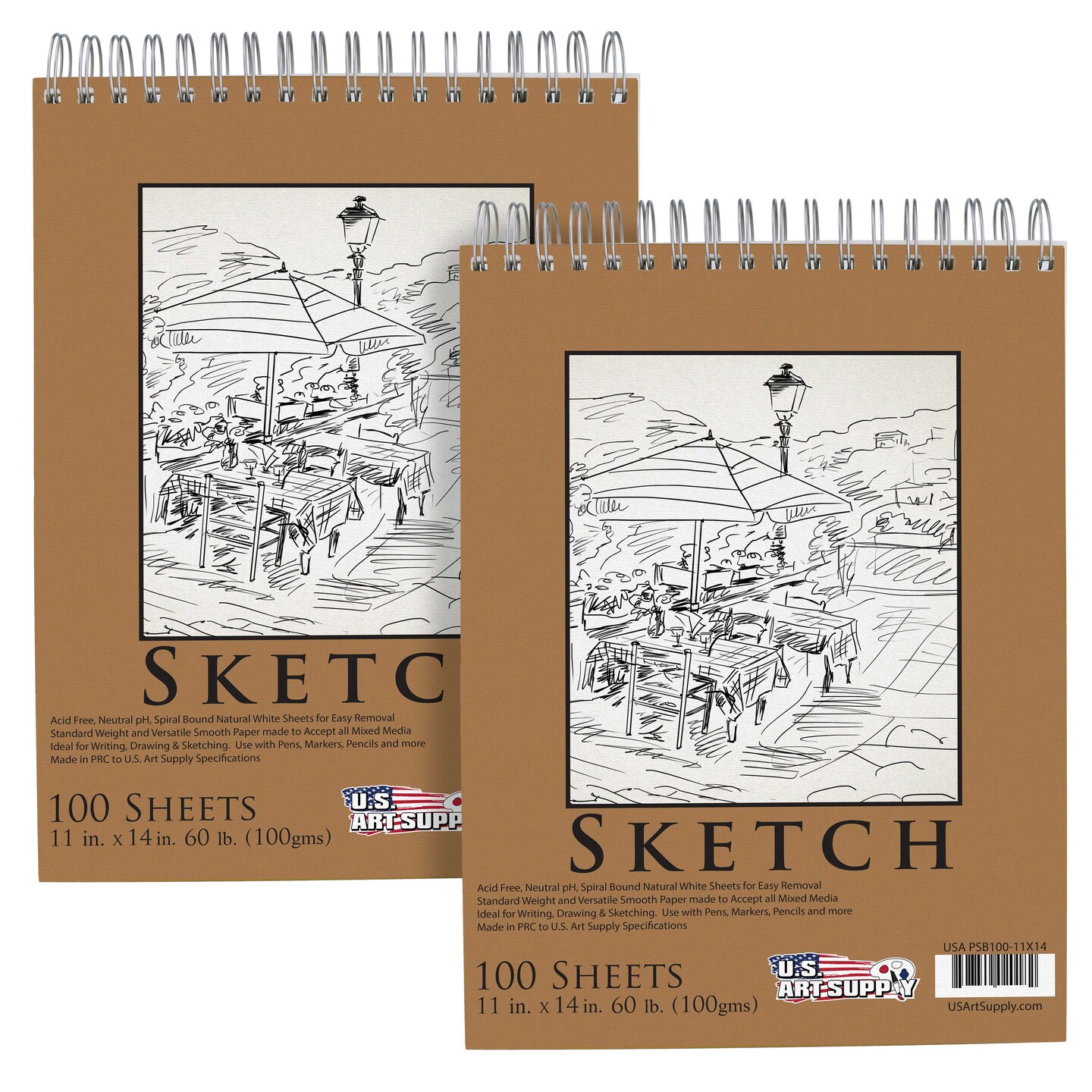11"x14" Top Spiral Bound Sketch Book, 2 Pack, 100 Sheets Each, 60lb (100gsm), Acid-Free, Artist Sketchbook, Drawing Pad for Adults & Students